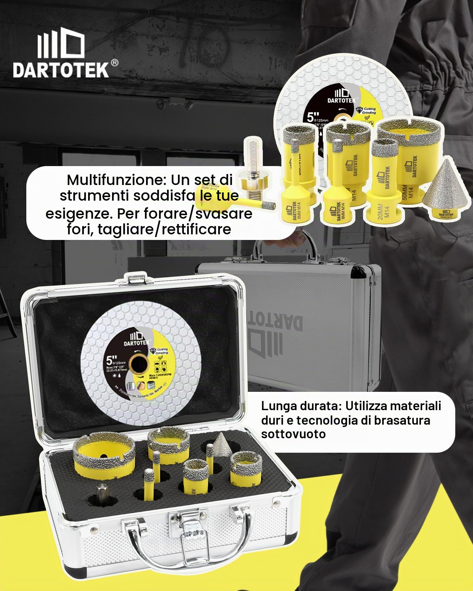Punte Diamantate Gres Porcellanato 10 Pezzi - 6/6/8/20/25/35/50mm x M14 Punte Trapano, 35mm Punte Smusso, Adattatore, Disco Diamantato 125mm per Piastrelle Ceramica Marmo Granito