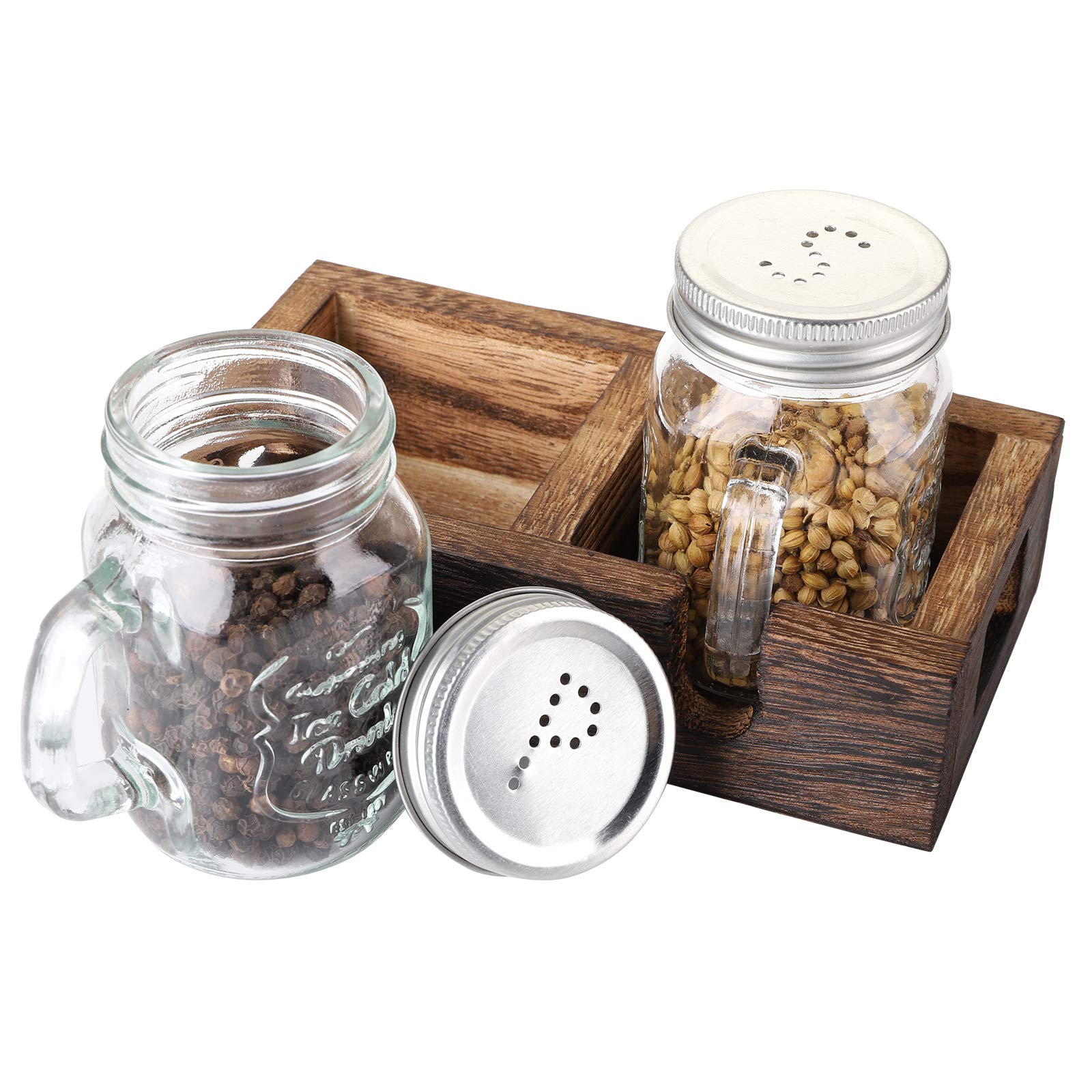 Yopay Mason Jar Salt and Pepper Shakers Set with Wood Tray, Glass Salt Shaker Set for Farmhouse Kitchen Decor and Rustic Vintage Home Decoration, Restaurants and Gift