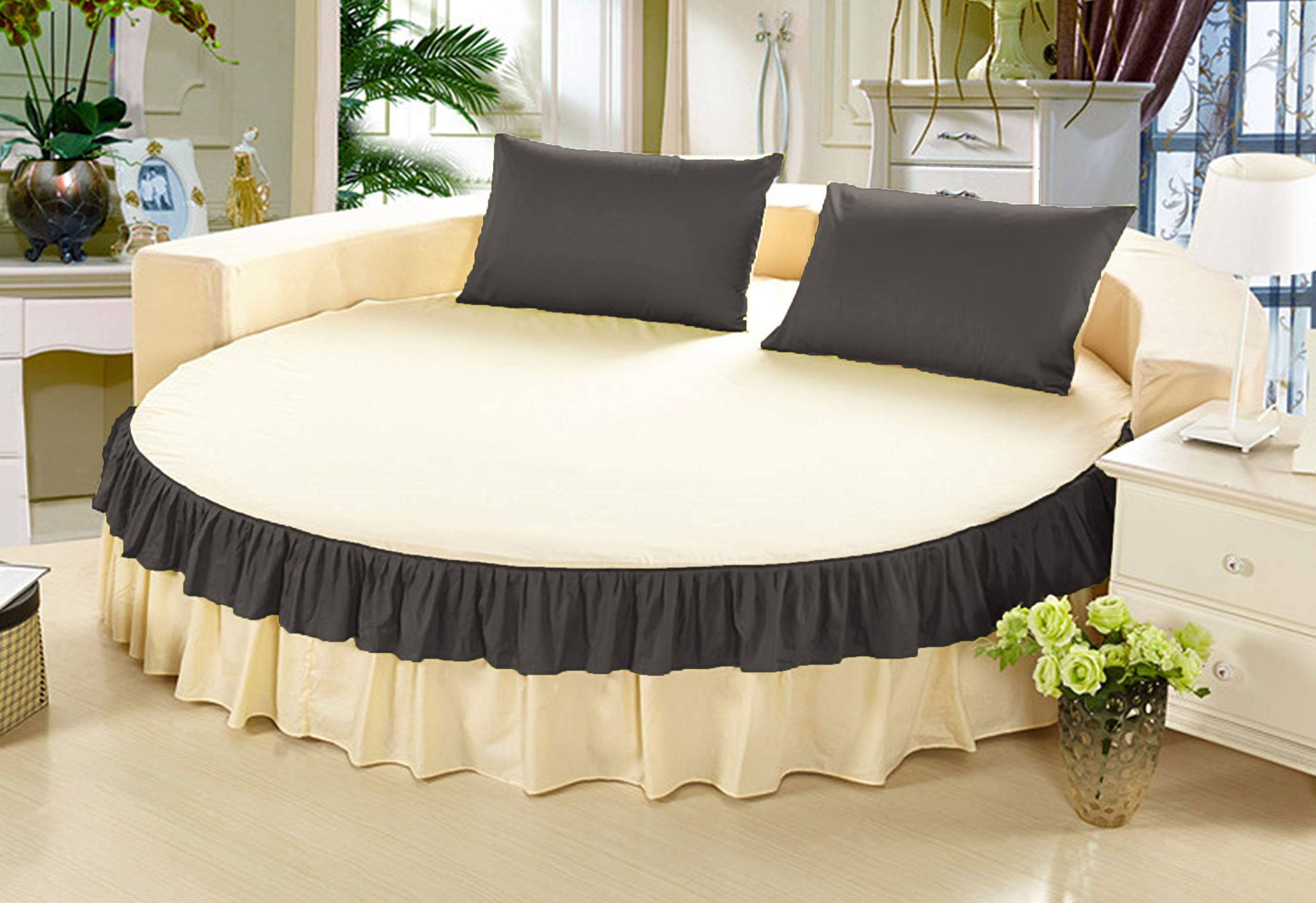Falda de cama redonda gris y marfil de 1 pieza con volantes elegantes para proteger tu somier