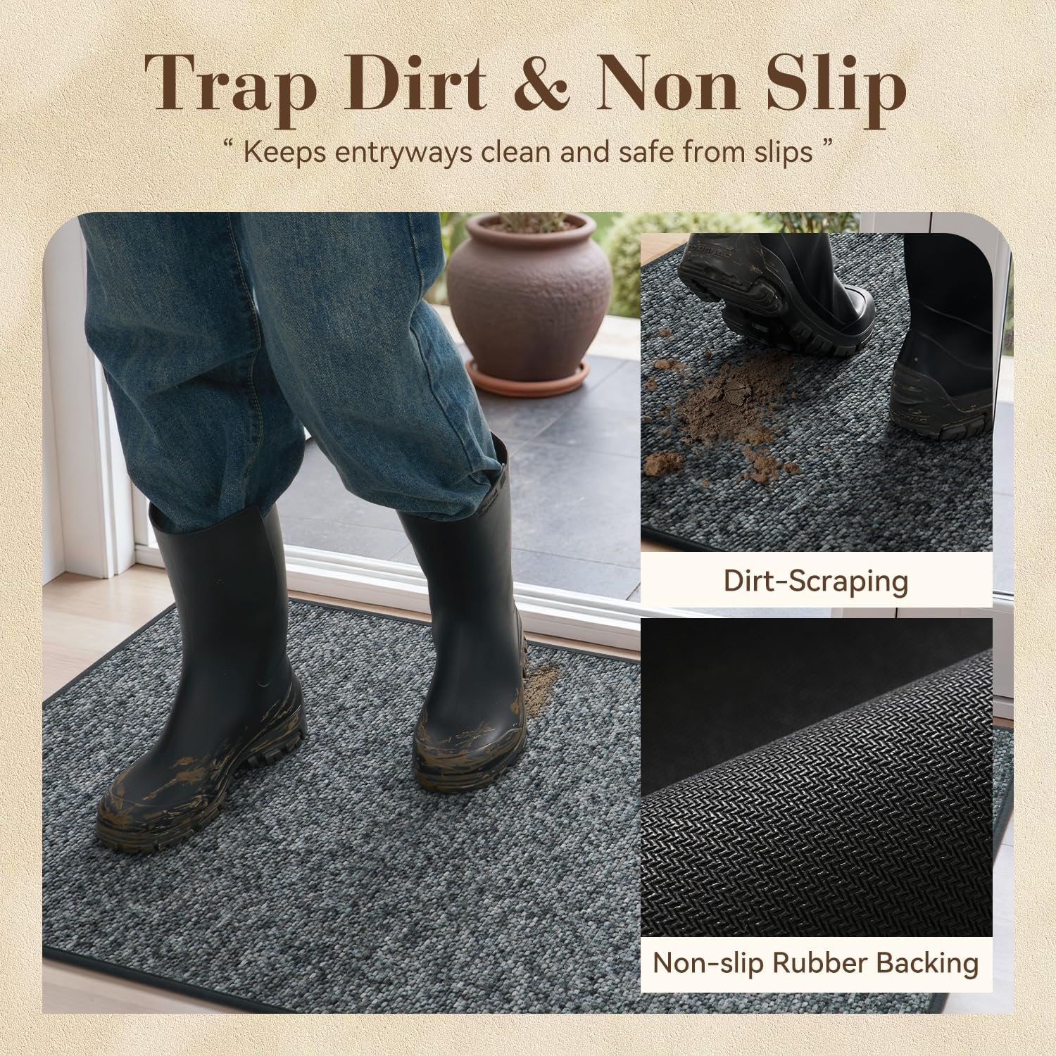 MontVoo Door Mat Indoor Entrance Doormat, Absorbent Durable Rubber Non Slip Front Door Mat for Inside Entry Entryway Dirt Trapper Welcome Mat, Darkgrey 32''x48''