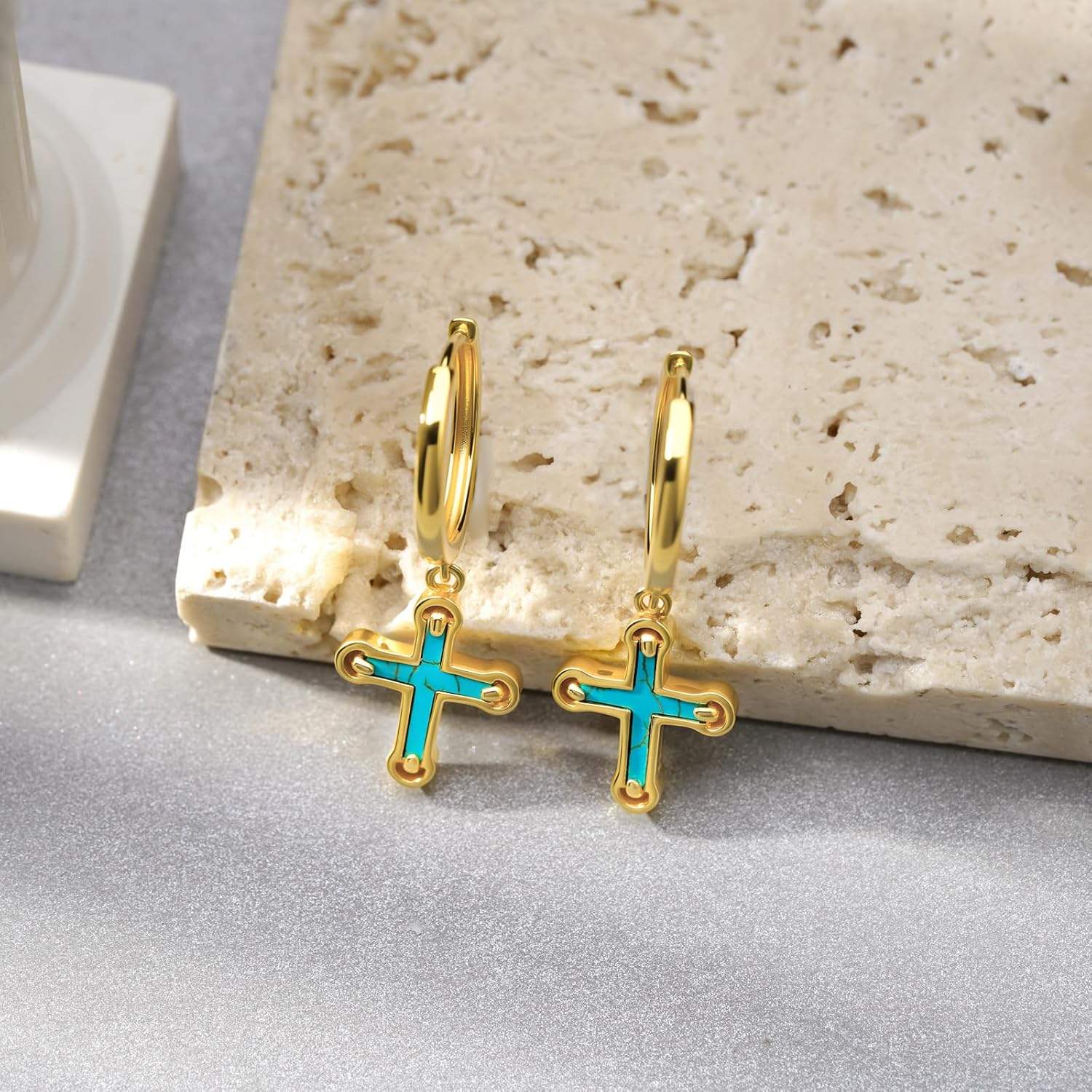 Genuine Turquoise Earrings 925 Sterling Silver Gold Cross Earrings Nature Gemstone Jewelry Real Turquoise Jewelry for Women - Image 3