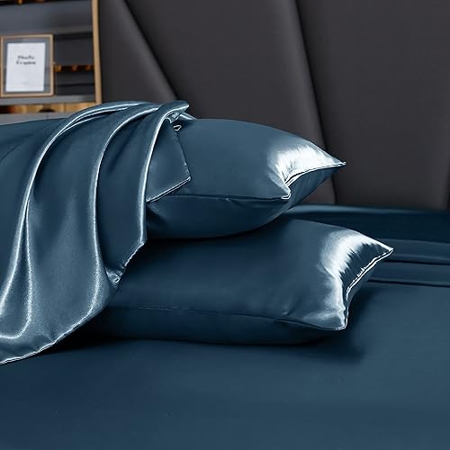 Miniatura 4 de Homiest Juego de sábanas de satén de 7 piezas, tamaño Queen, juego de sábanas de satén sedoso de lujo, 1 sábana bajera de bolsillo profundo, 1