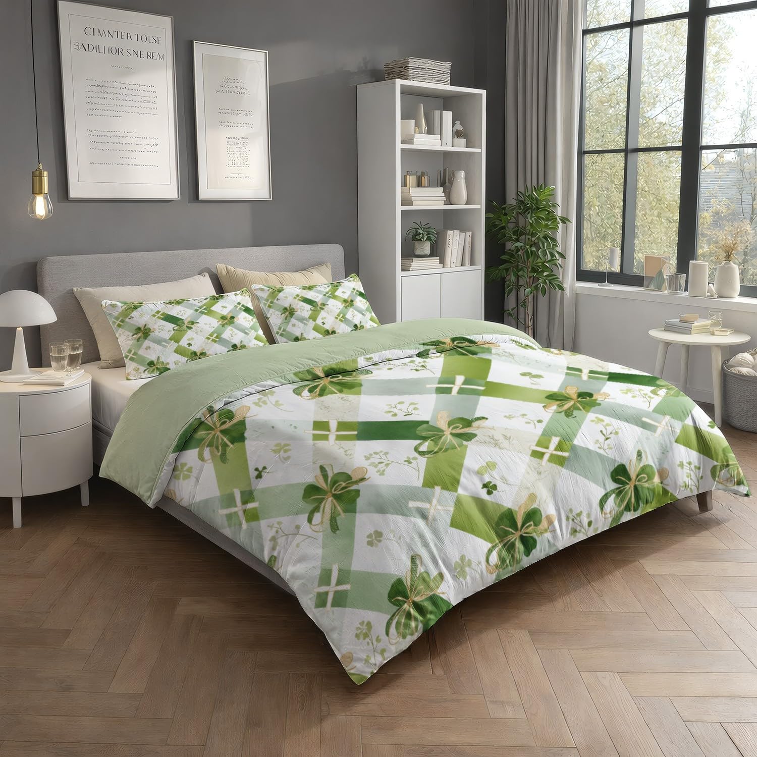Generisch komplet pościeli 155 x 220 cm, 3-częściowy, minimalistyczna zieleń, delikatny wzór w kratkę, kokardka, poszewka na kołdrę z zamkiem błyskawicznym, miękka, oddychająca, dwustronna pościel dla