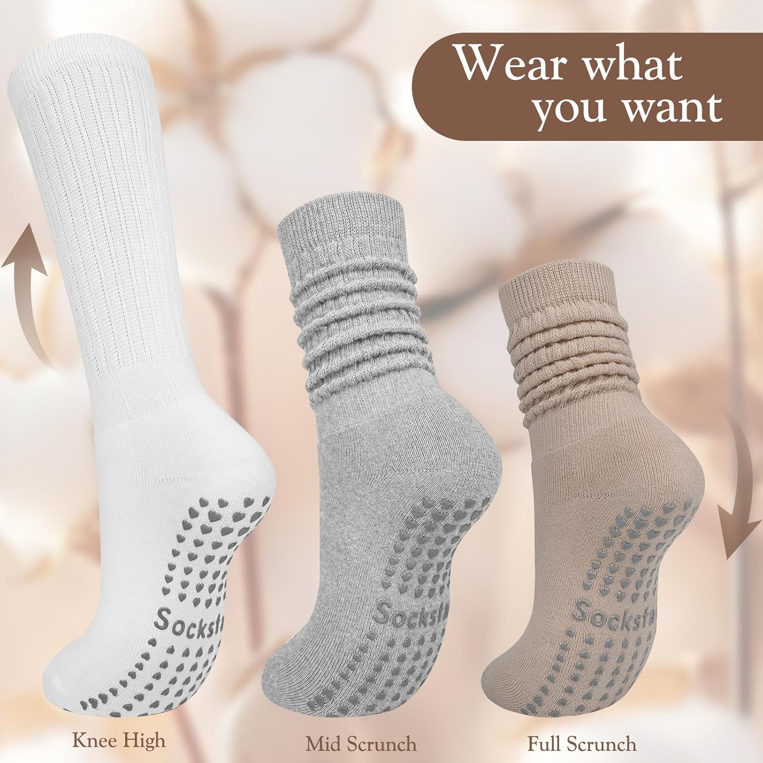 4 Pairs Grip Pilates Socks for Women Yoga Scrunch Slouch Non Slip Long Socks with Grippy Pilates Barre Workout Slipper 5-9 - Image 4