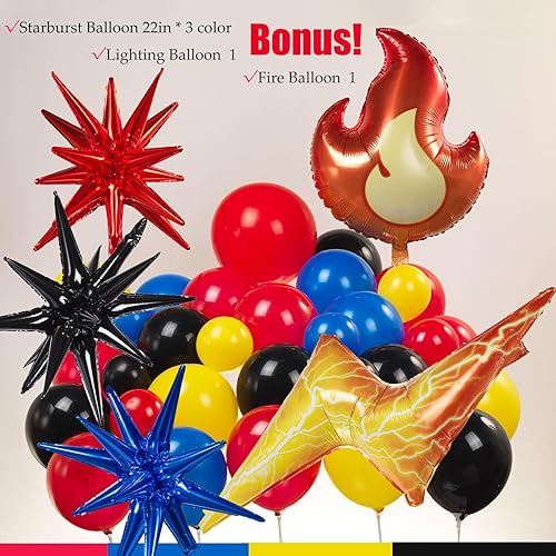 Miniatura 4 de Kit de guirnalda de globos rojos, amarillos, azules y negros, 130 piezas con globos de mylar con destello de fuego, Starburst, para decoración de
