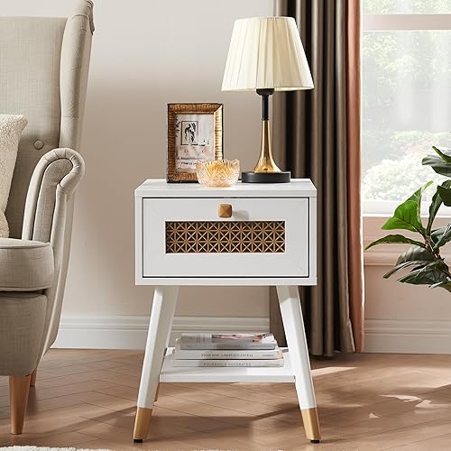 Vista 10 de EDYO LIVING Mesas auxiliares modernas de mediados de siglo, mesa auxiliar pequeña de madera de 1 nivel para sala de estar, oficina, color marrón