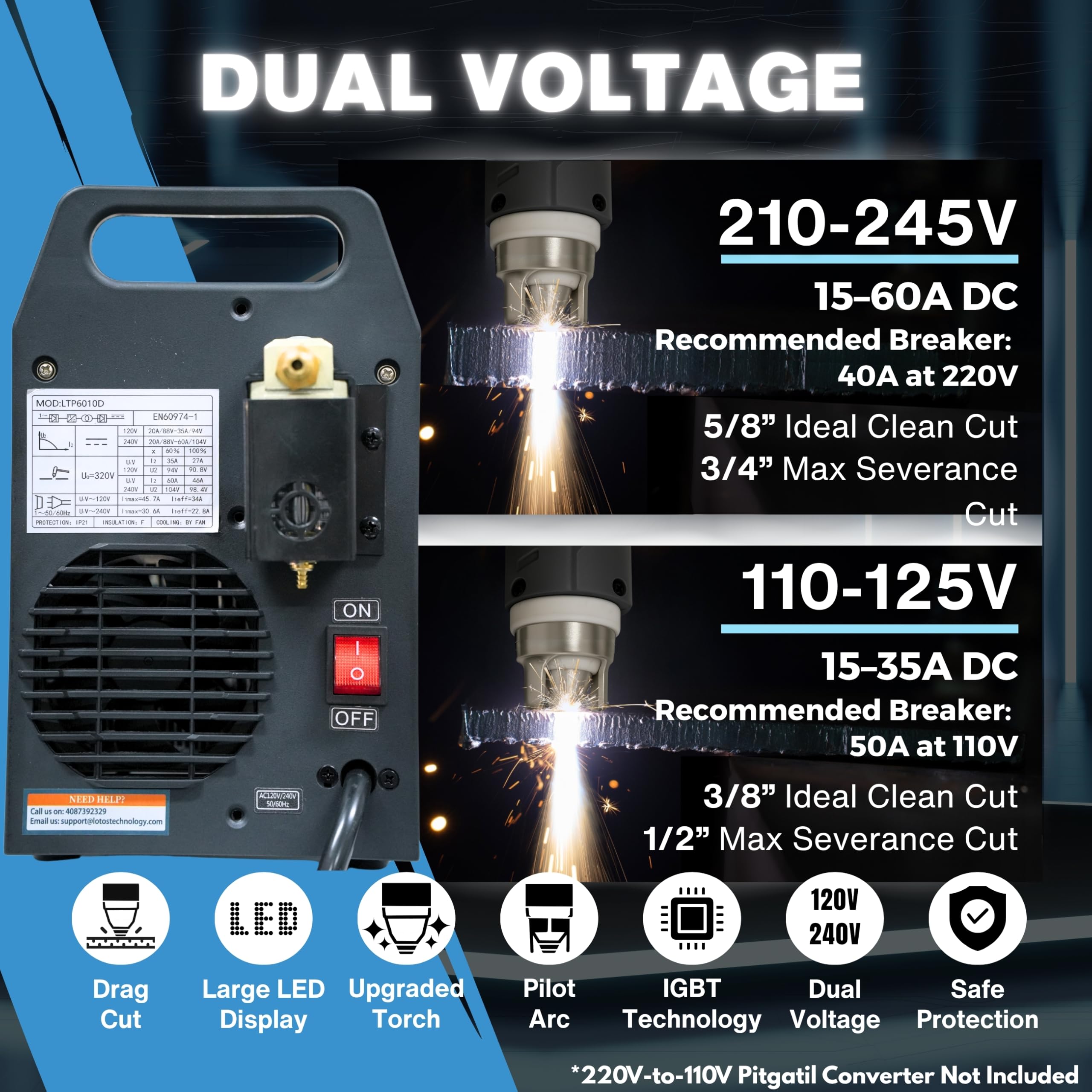 Série LTP6010D Coupeur plasma 60 A, prêt à être glissé et jusqu'à 20 % plus rapide, nettoyage de 5/8" (coupeur 3/4"), arc pilote non tactile, lampe de poche, double tension 110/220 V