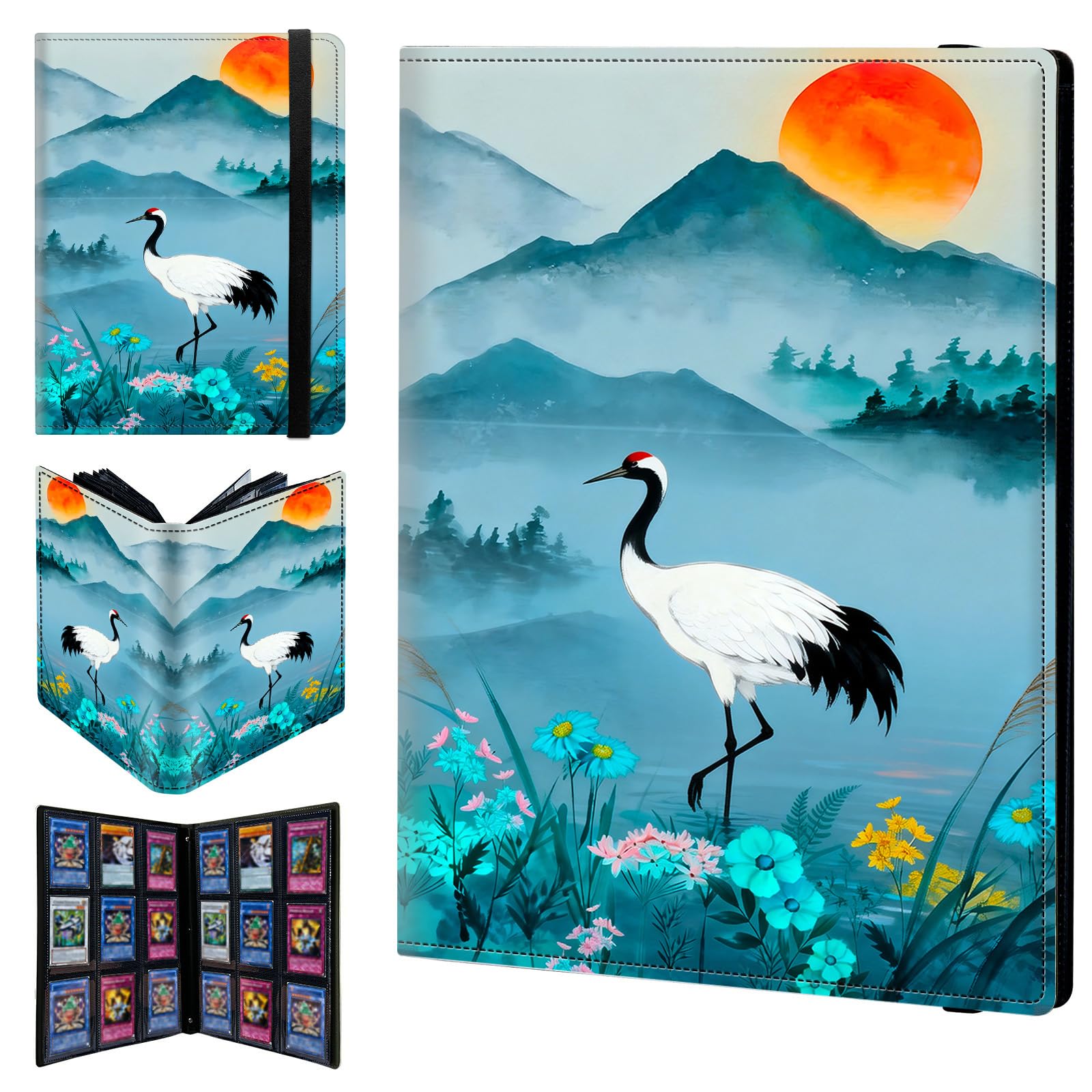 9 Pocket Trading Card Binder 720 Side Loading Pocket Album with Green Mountain Flowers and Bird Pattern Design Card Binder for Sports Cards & Game Cards