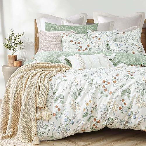 Sedefen Housse de Couette 220x240cm Vert Blanc Feuilles Floral Fleurs Ado Adulte