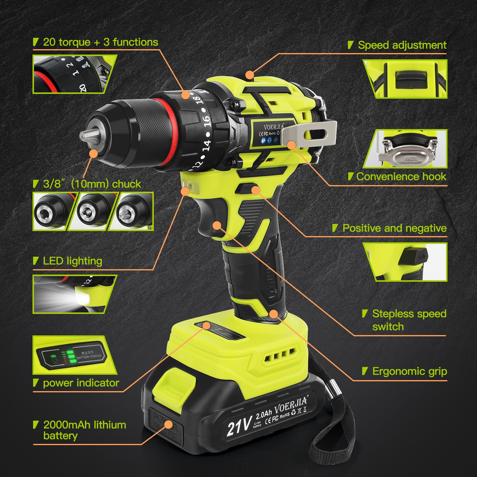 VOERJIA Akku Bohrschrauber, bürstenloser 21V Bohrschrauber mit 2 Akkus 2000 mAh, 20+3 Drehmoment, 3/8-Zoll-Bohrfutter, 65 Nm max, 2-Gang-LED-Bohrersatz, 46-teiliges Heimwerker für Zuhause
