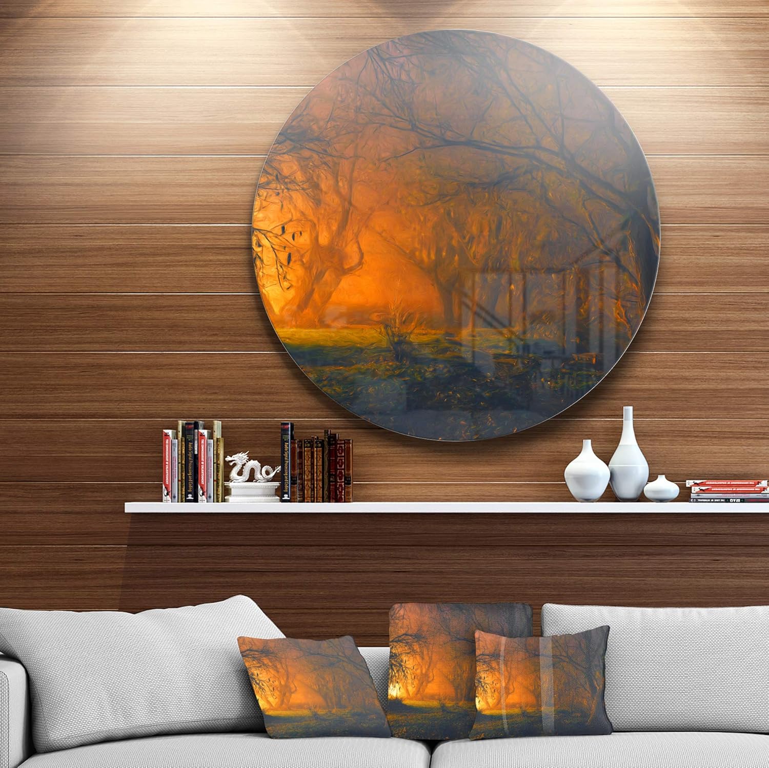 Best Promo Designart Magical Light in Forest Landscape Large Metal Wall Art - Disc of 11 inch, 11'' H x 11'' W x 1'' D 1P, Orange