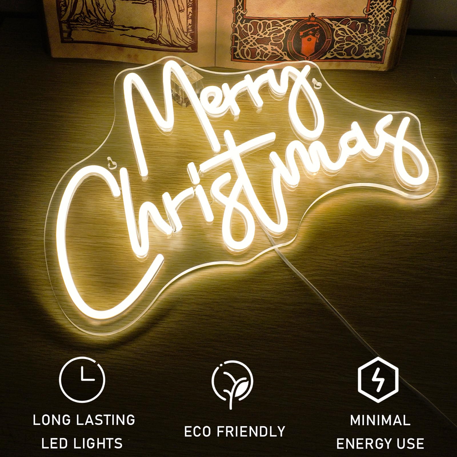 Ineonlife Merry Christmas Panneau Néon, Néon LED blanc chaud pour décoration murale, Panneau lumineux USB dimmable pour la maison, le bar, le salon, la chambre, la fête de Noël