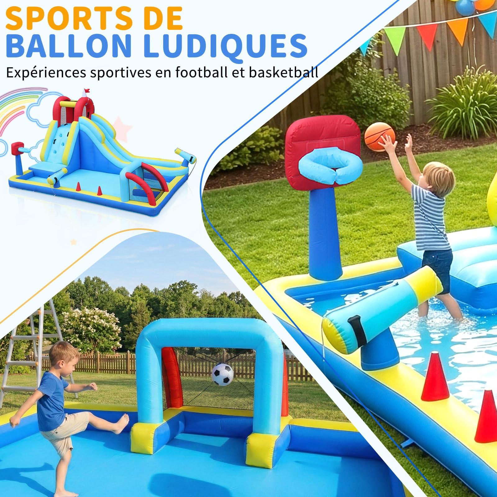 LEADZM Château Gonflable sur Le Thème du Sport avec Souffleur, Buts de Football, Paniers de Basket, Longue Barrière de Toboggan et Aire de Jeux d'ea, 400 * 305 * 225cm