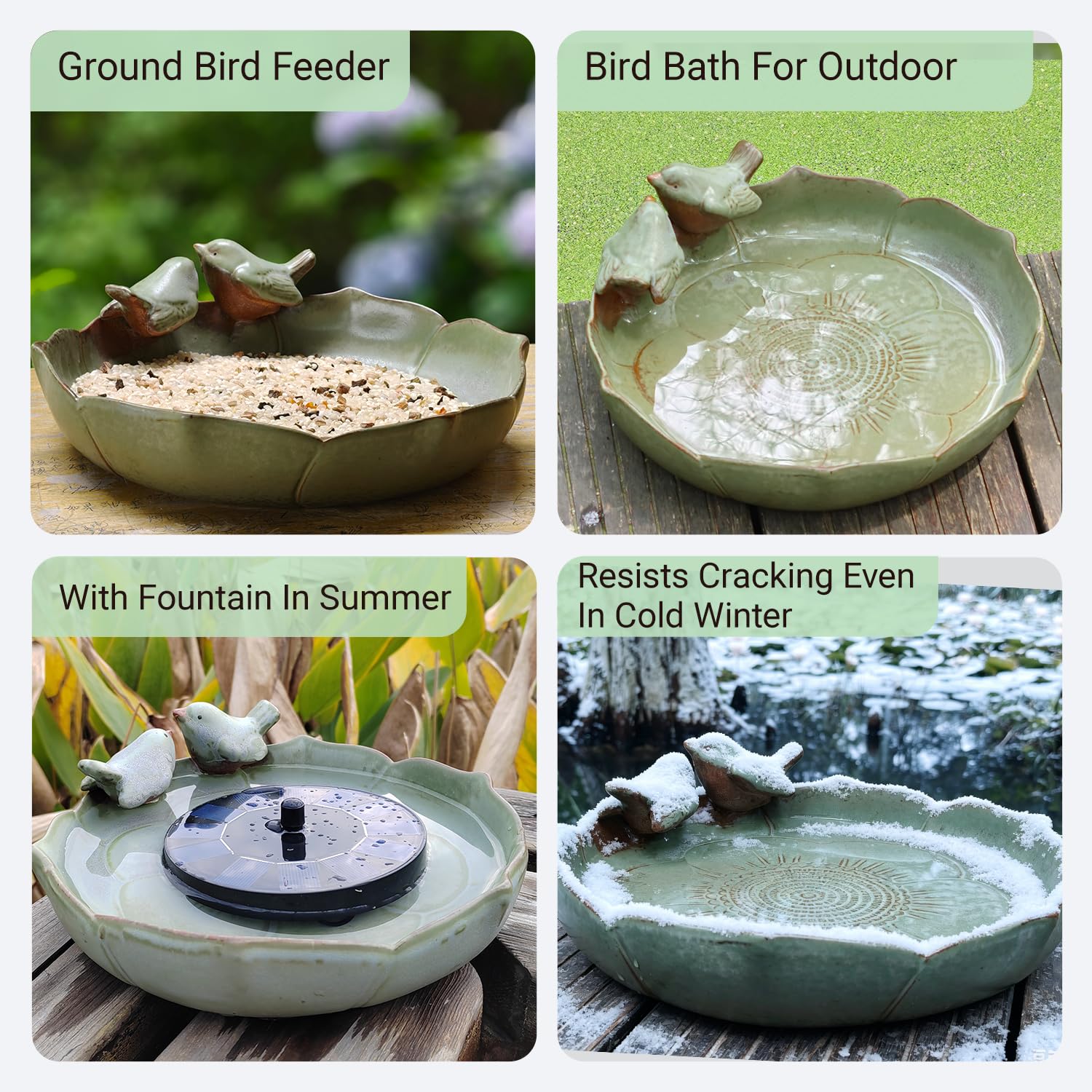 Baño de cerámica para pájaros para exteriores en el suelo, cuenco de baño para pájaros de 9.45 pulgadas, comederos de pájaros y baño para pájaros para exteriores, jardín, mesa, cubierta