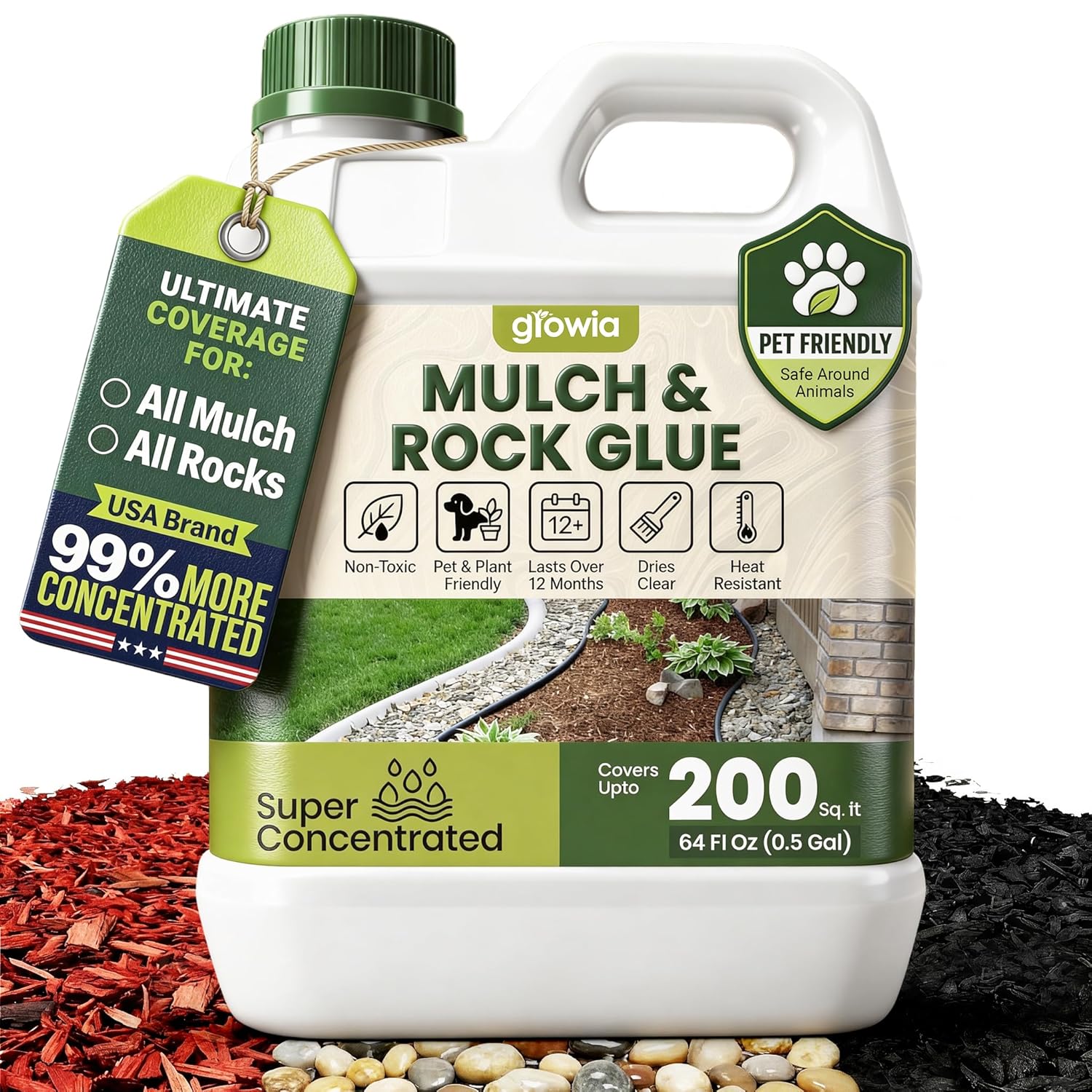Mulch and Rock Glue for Landscaping - Cover Upto 200 sqft - 0.5 Gallon Mulch Glue for Rocks Outdoor Landscaping, Rock Glue for Pea Gravel, Fast-Drying Gravel Glue, Non-Toxic Gravel Binder