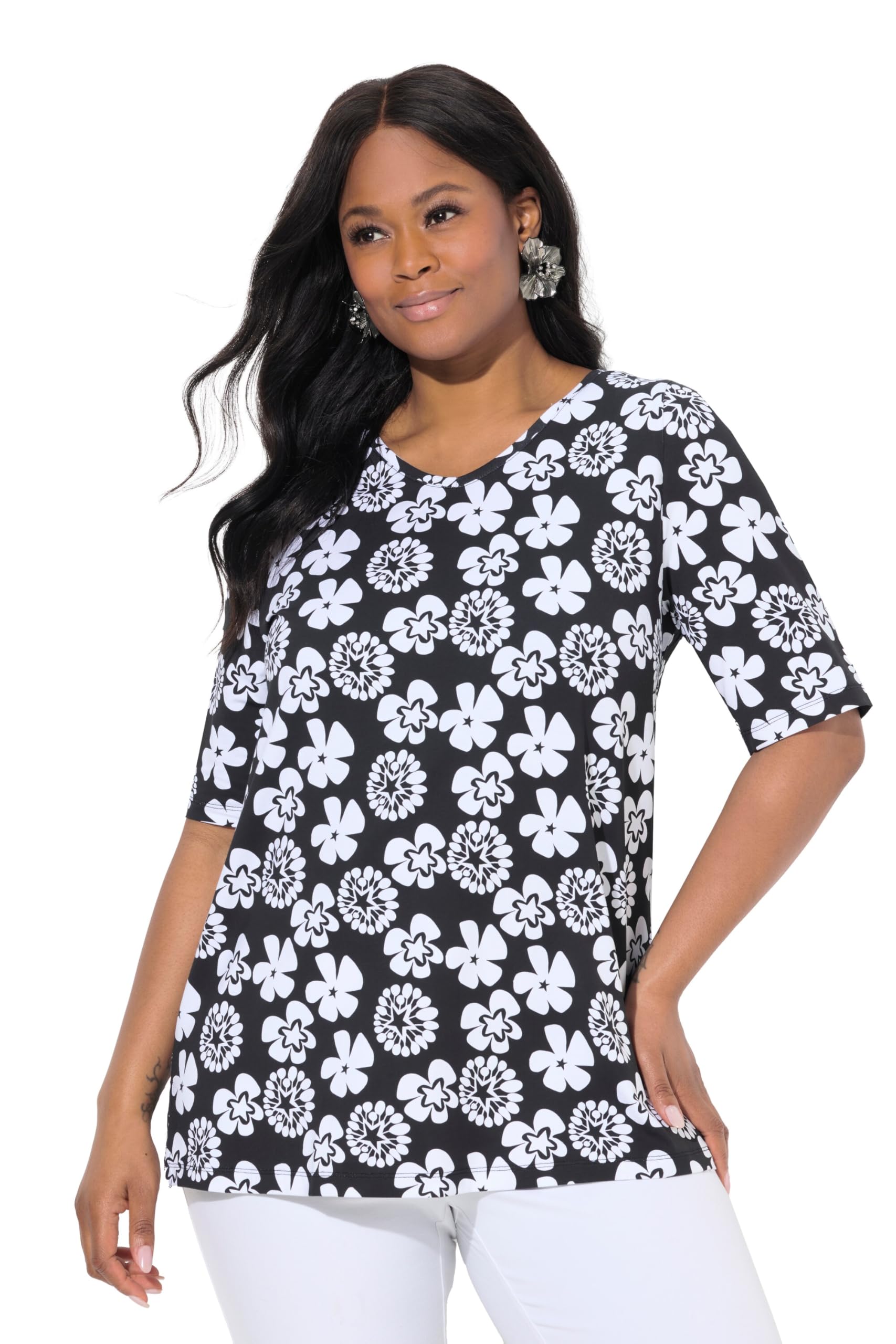 Ulla Popken Damen große Größen Übergrößen Plus Size T-Shirt, Blüten, A-Linie, V-Ausschnitt, Halbarm 842645