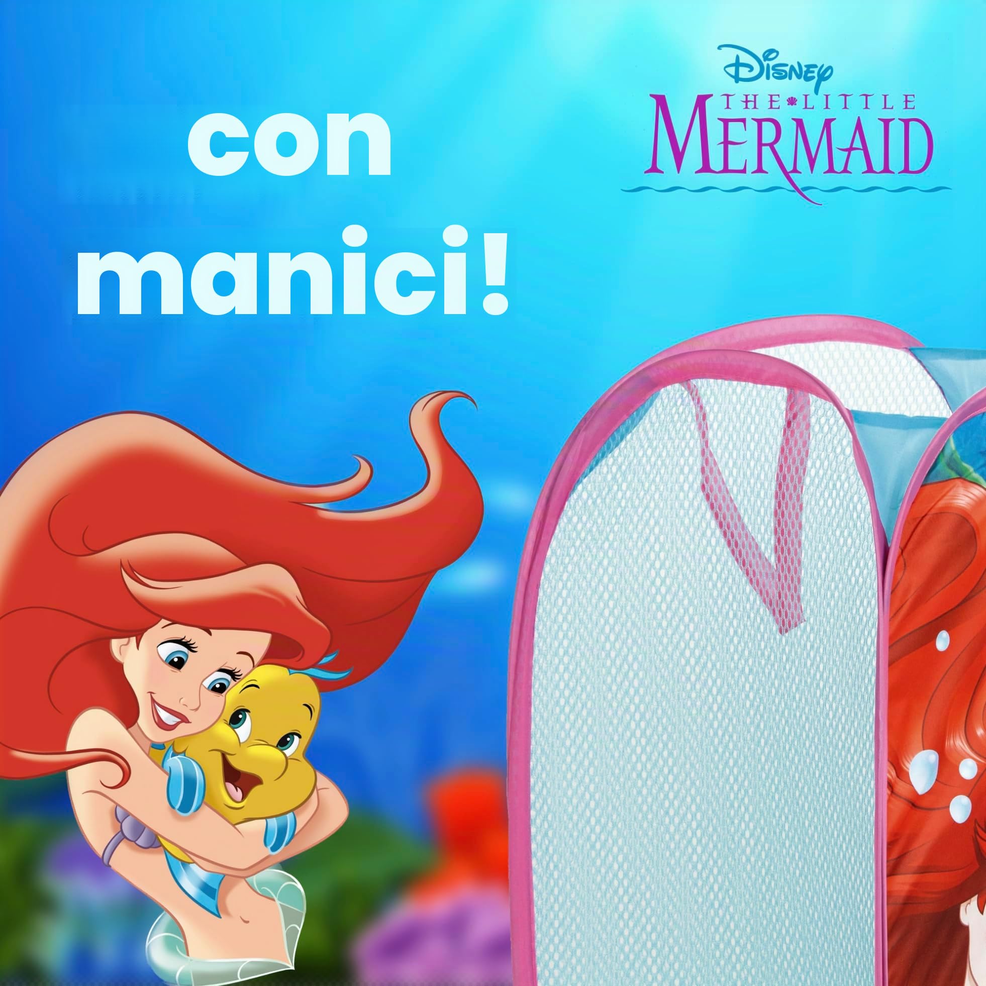 SUPERDIVER - Cesto pieghevole di Ariel La Sirenetta - Licenza Ufficiale Disney The Little Mermaid - Perfetto per giocattoli e vestiti - 36x36x58 cm - Ideale per bambini e bambine.