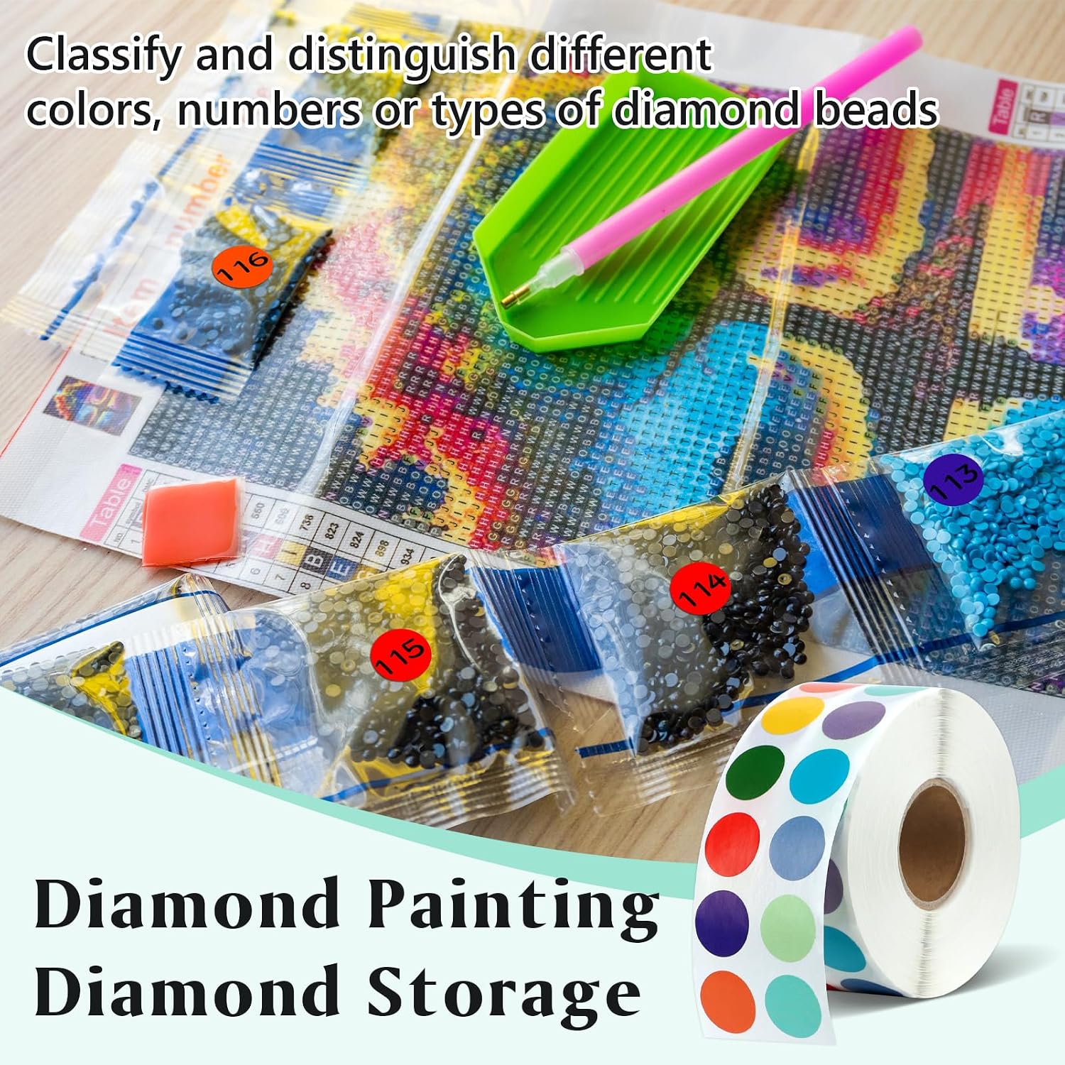 3000 PCS Round Diamond Art Label Sticker 0.59 Inch Diamond Painting Storage Sticker Labels Writable Diamond Painting Color Labels Self-Adhesive Diamond Art Storage Labels 10 Colors for Office Home DIY