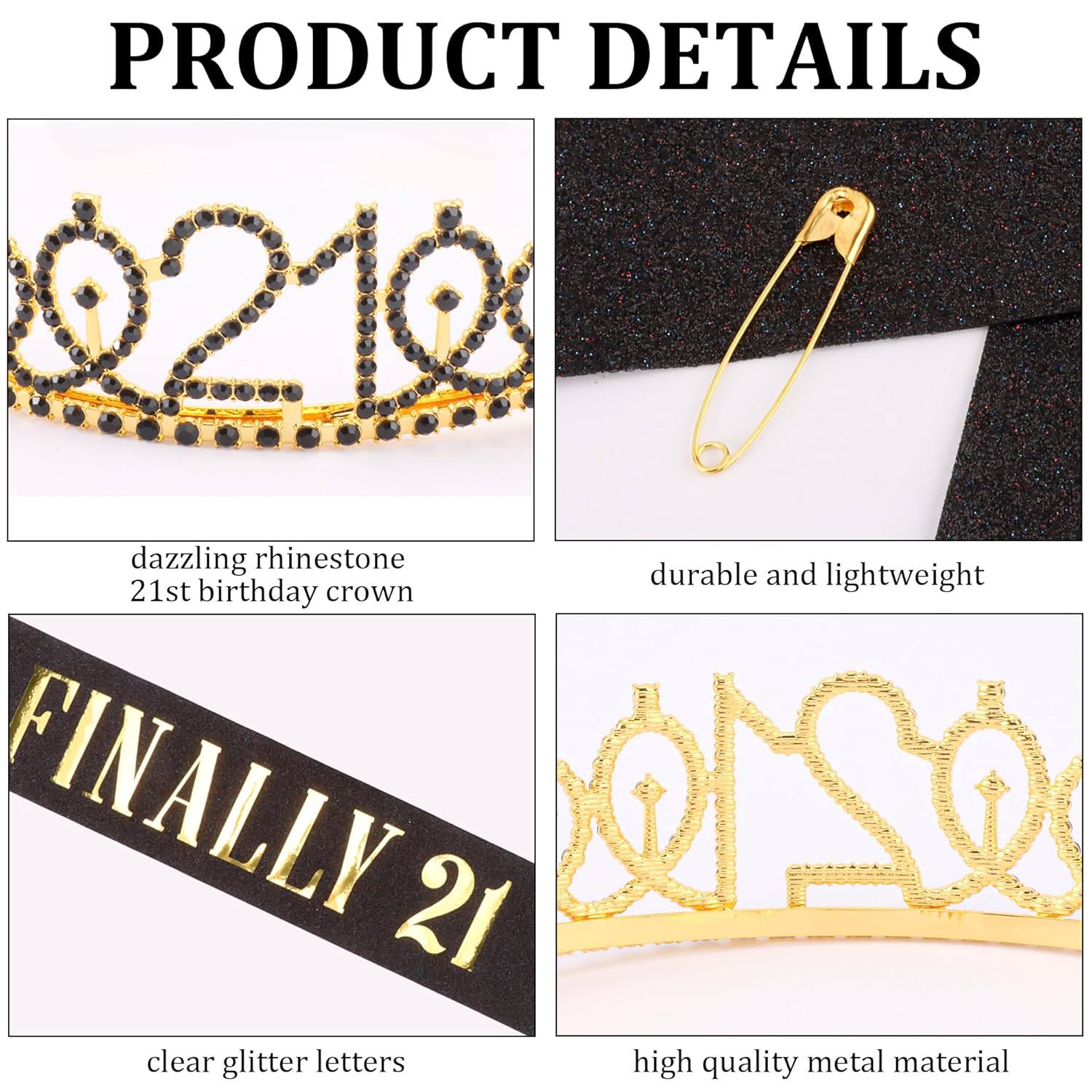 21st Birthday Crowns and Sash for Women, Princess Tiara Sash Set Elegant Black Crown with Combs for Girls, 21st Birthday Decorations for Her Party Hair Accessories Gifts - Image 6