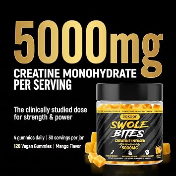 Creatine Monohydrate Gummies 5000mg | Sugar Free Creatine Gummies | Vegan | Muscle Builder | Strength & Energy Support | 120 Count | Mango Flavor | Creatine Monohydrate for Men & Women