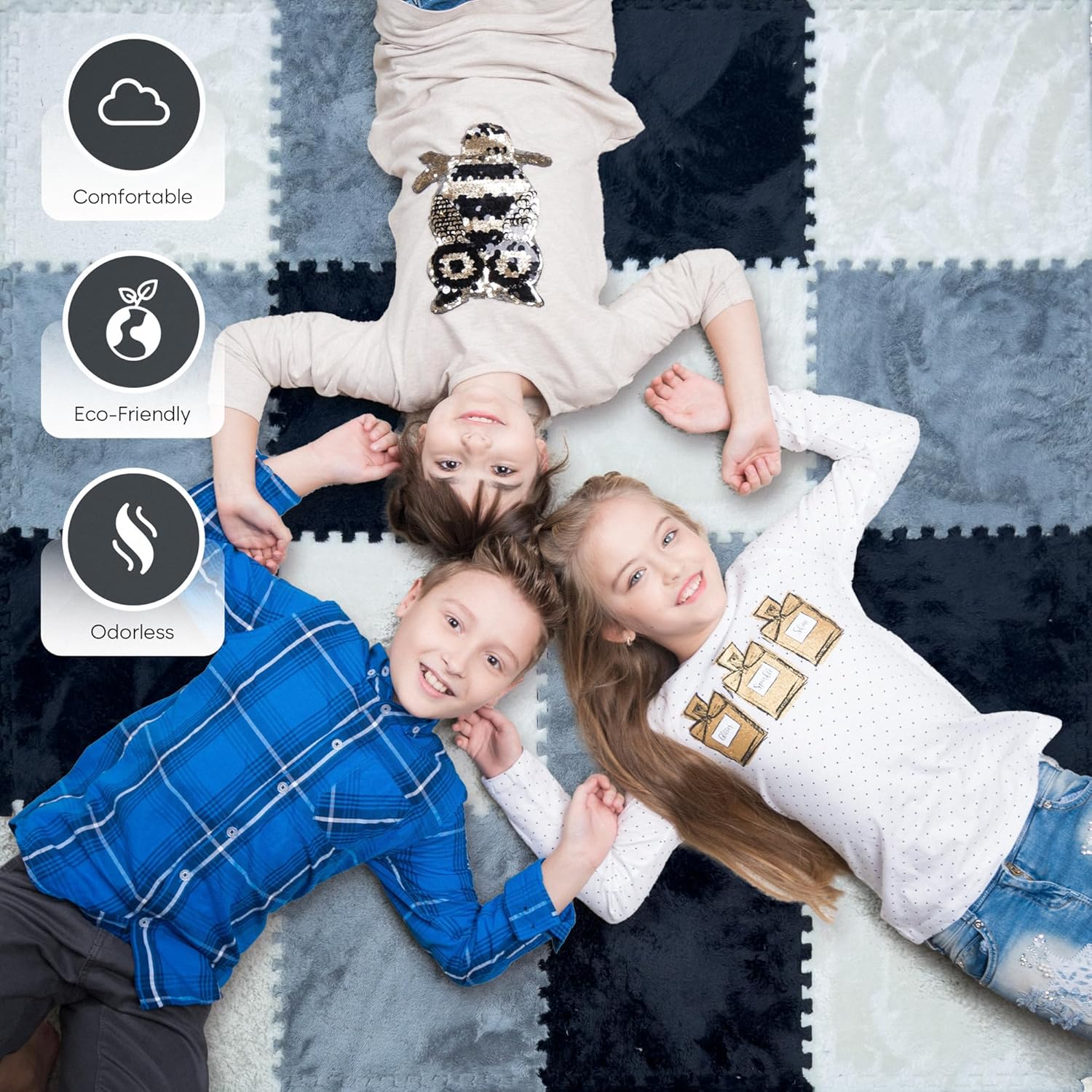 Foam Puzzle Floor Mat - Large 16 Piece Interlocking Carpet Tiles, Thick Padded Squares for Baby Play Mats & Flooring Tile with Cushions (Blac)