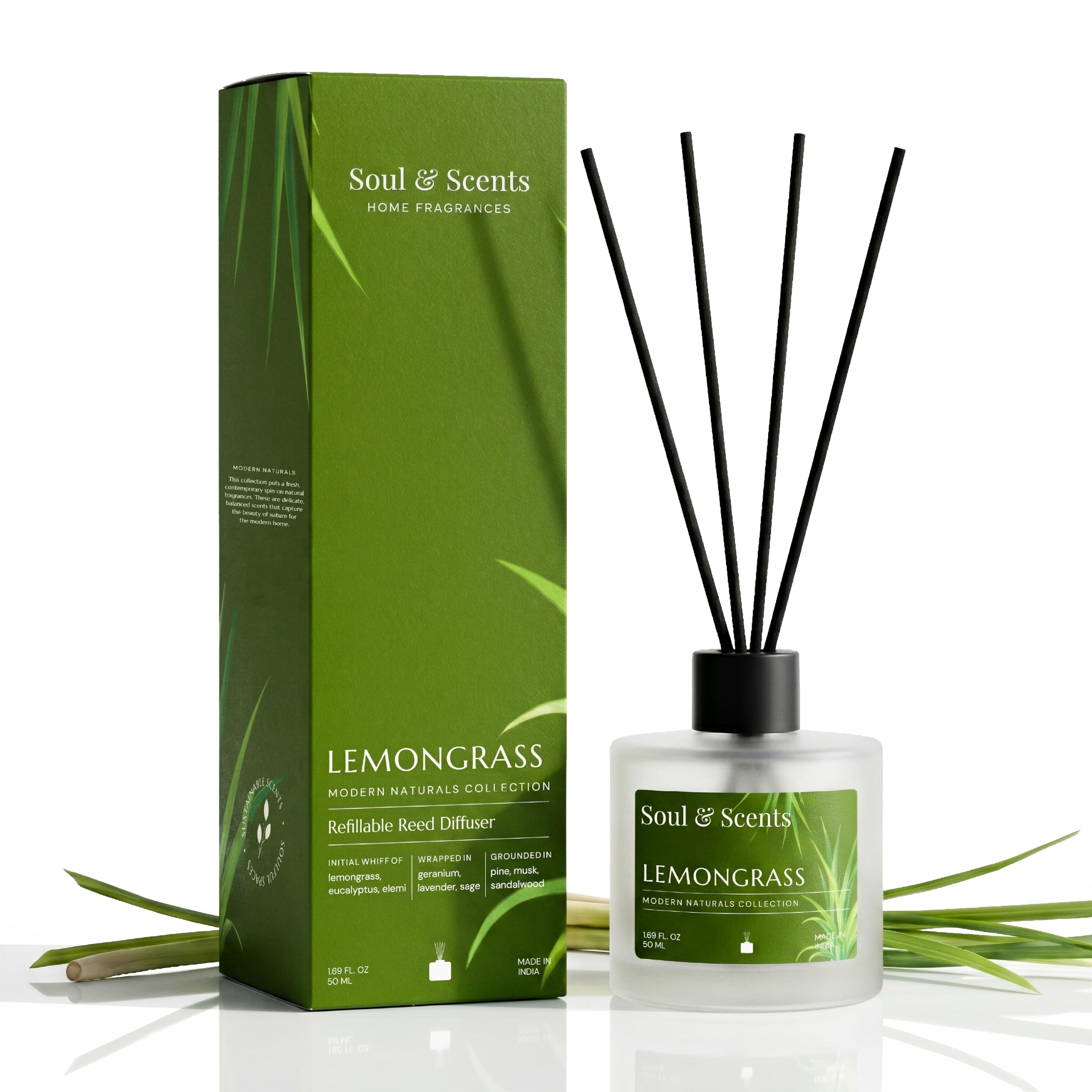 Soul & Scents 50ml Lemongrass Reed Diffuser Set | A Fusion of Zesty Lemon & Lemongrass | Get 5 Rattan Reed Sticks | Smoke Less Room Freshener for Home, Bedroom, Living Room & Office
