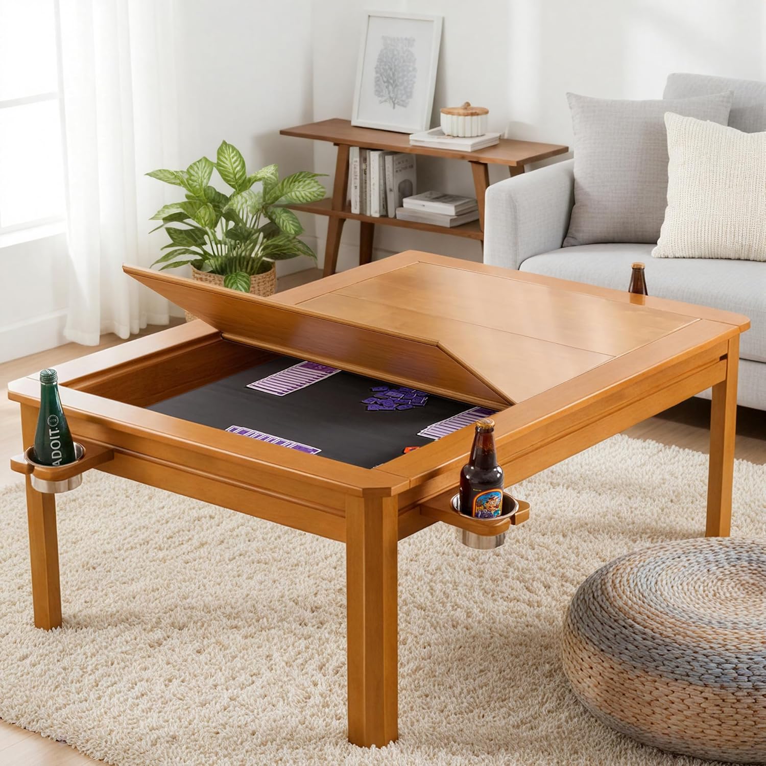 Casaphoria Solid Wood Board Game Coffee Table with Removable Top, Space-Saving 3-in-1 Convertible for Gaming, Dining & Living Room Includes Play Mat & Cup Holders (48” x 33”, Oak)