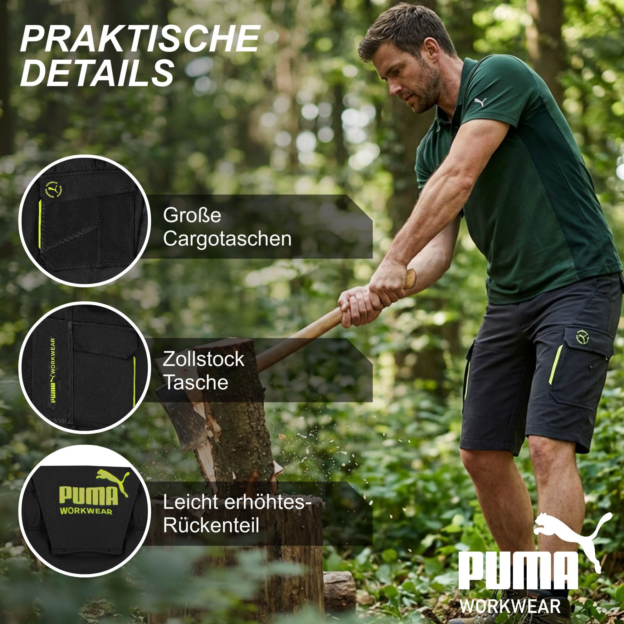 PUMA Workwear krótkie spodnie robocze męskie – z 4-kierunkowym stretchem – wytrzymałe szorty ze wzmocnionymi kieszeniami dzięki 100% nylonowi i gumowemu ściągaczowi – podwyższona część pleców