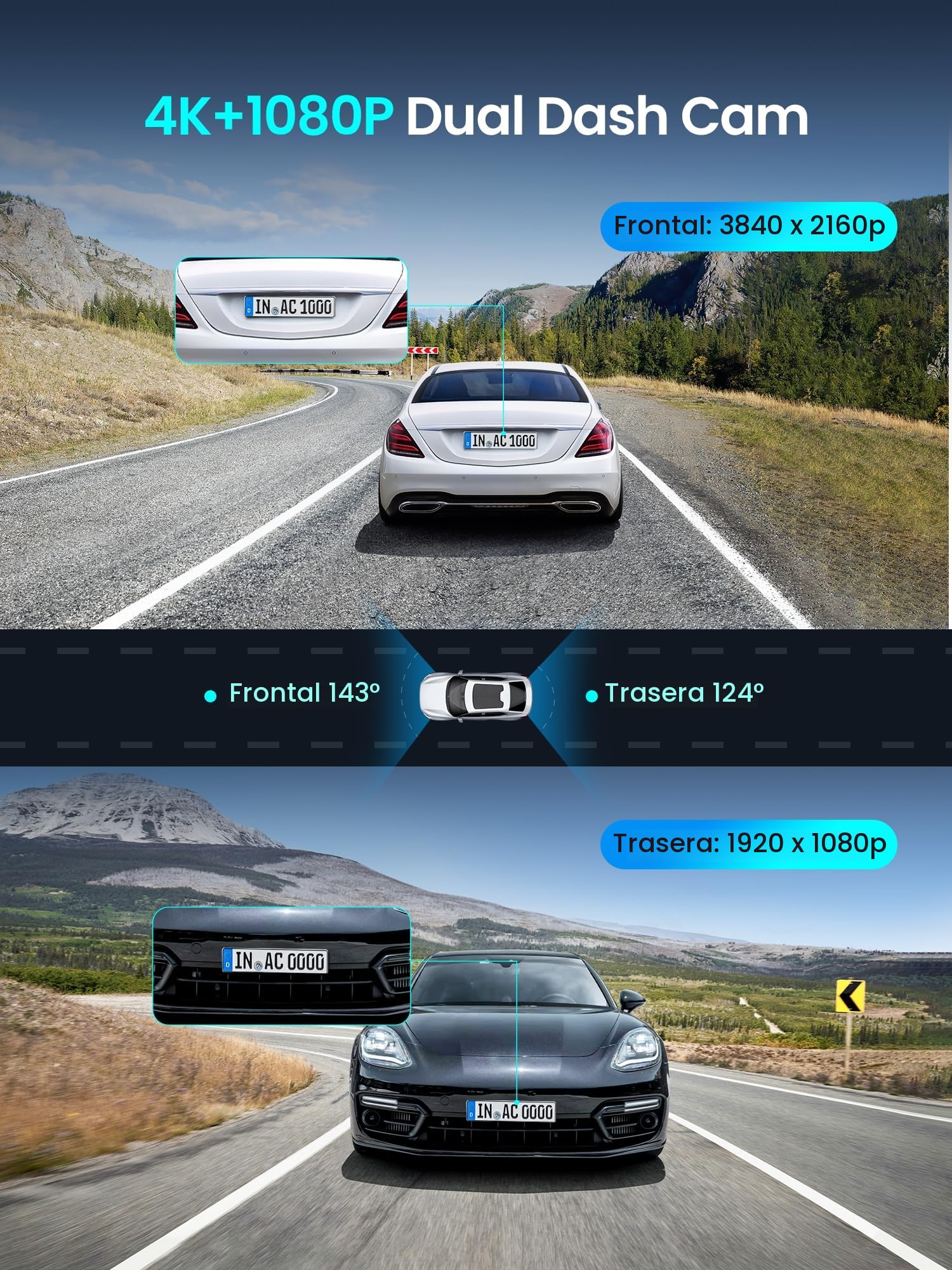 DDPAI Z50 Pro Dashcam, 4K+1080P Cámara Coche Grabadora con Tarjeta de 128 GB, Visión Nocturna AI-ISP, 5GHz Wi-Fi 6, GPS, 4G LTE Compatible, Modo Estacionamiento 48H, Pantalla IPS de 3'', Sensor G