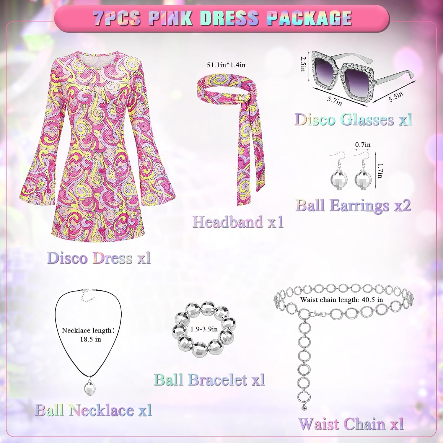70s Disco Outfits Dress,7 PCS 70s Hippie Costume for Women Necklace Earrings Glasses Bracelet and Waist Chain