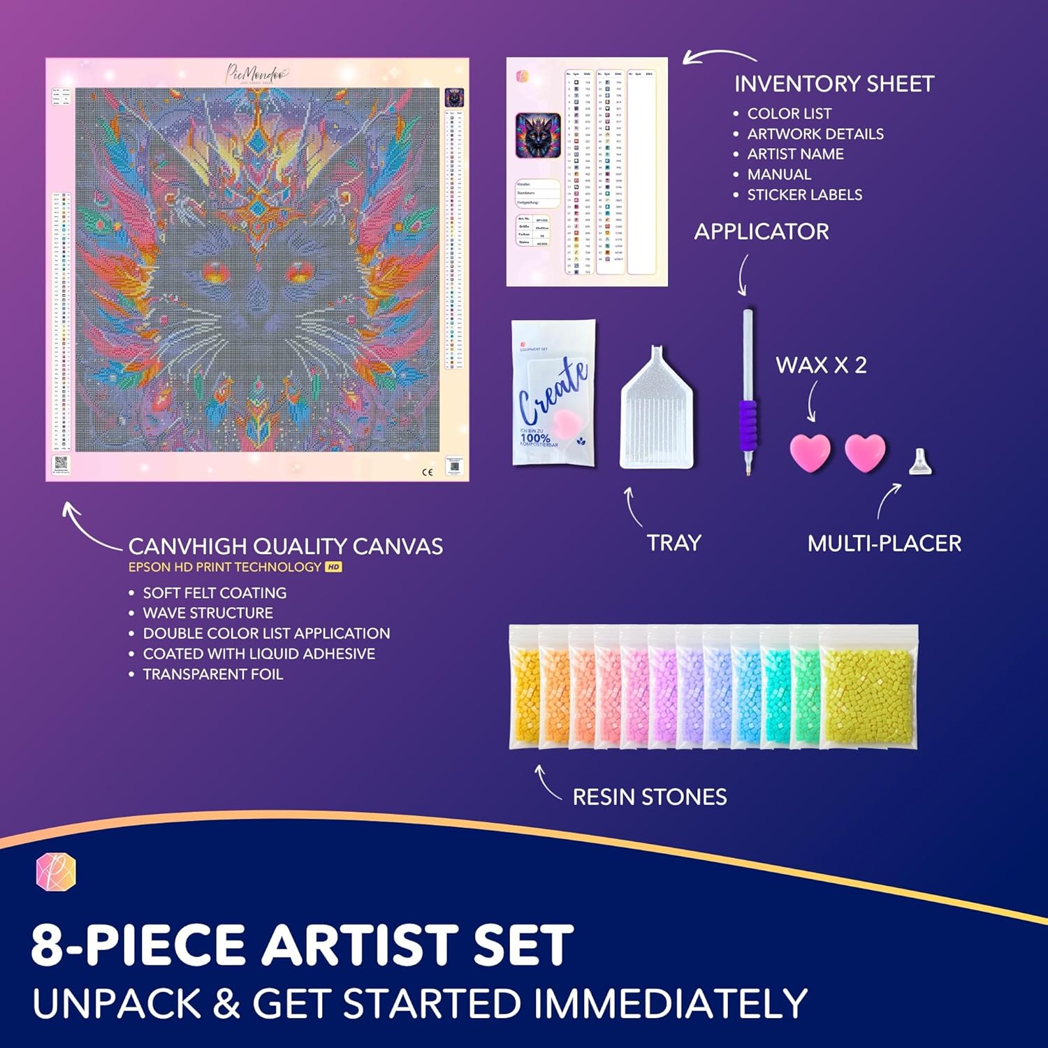 Picmondoo Diamond Painting Set – 50x50 cm, Sparkling DIY Kit for Adults & Children with AB Stones, Fairy Dust Colors, Rhinestone Color and Fluorescent Colors (Mystic Colorsplash Cat)