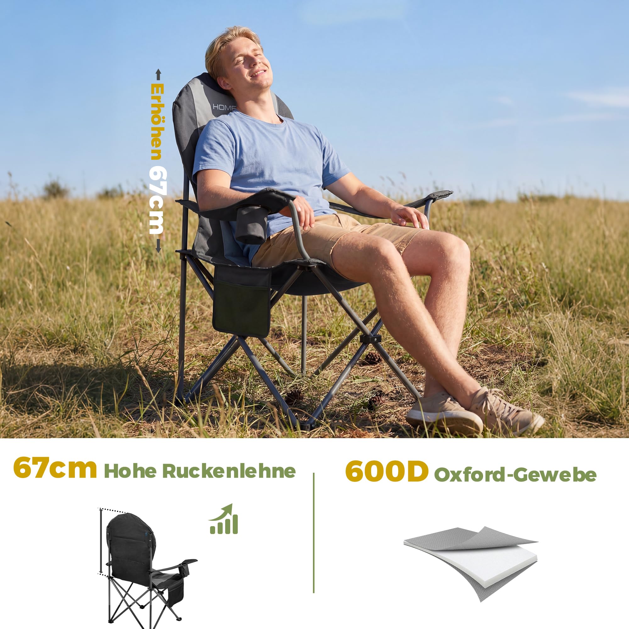 Homecall Campingstuhl Faltbar 150kg Belastbar Campingstuhl Hochlehner 108cm mit Lendenwirbelstütze, Gepolstert Klappstuhl Camping Stuhl Angelstuhl Faltbar für Garten Picknick (Grau - 1 Stück)