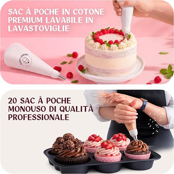 Happy Lemuro - Kit Decorazione Torte con Piatto Girevole, beccucci Inox e sac à Poche Premium - Set Accessori Pasticceria per Principianti ed esperti - 5