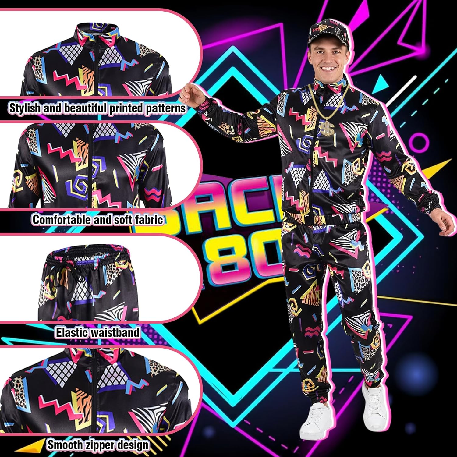 Retro 80s 90s Fancy Dress Outfit Sets, Hip Hop Outfit Tracksuit Streetwear for Adults, 80s Fancy Dress Set - Image 3