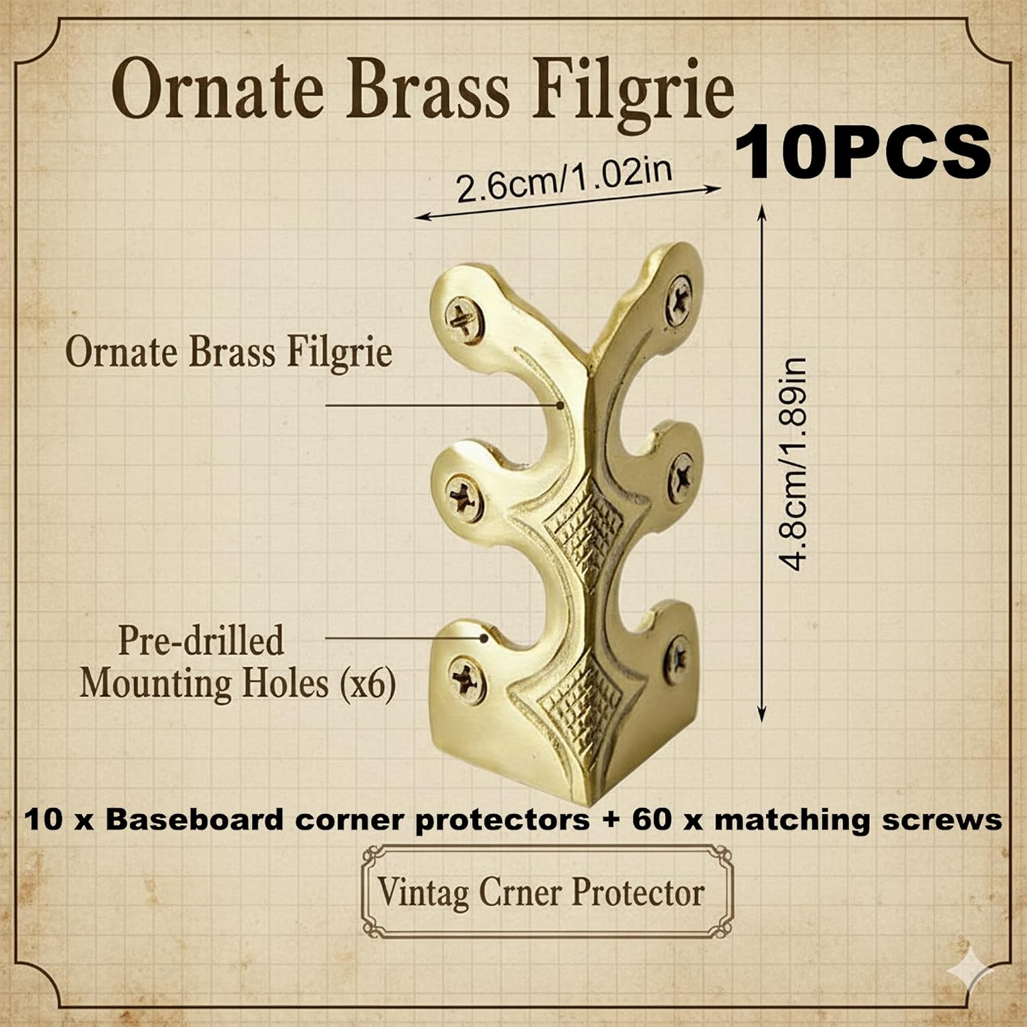 10Pcs Solid Brass Iron Alloy Baseboard Corner Protectors, Vintage Decorative Skirting Board Corner Guards for Furniture & Home Edge Protection (Gold Protectors with 60 Matching Screws)