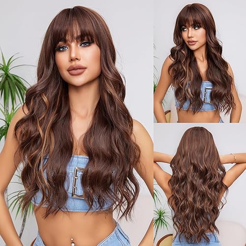 Miniatura 1 de YOUGRACE Peluca larga de mezcla marrón con flequillo, pelucas rizadas y onduladas de color marrón para mujer, 26 pulgadas, peluca de fibra sintética
