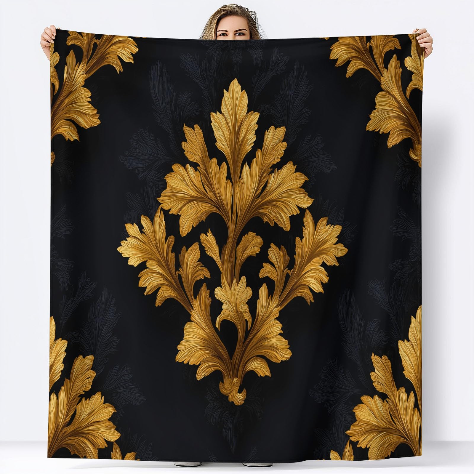 Manta Franela para Cama 180 x 220 cm, Suave Cálida Flores Decorativas Doradas Manta Invierno Calentitas Transpirable Ligera Estilo Vintage para Adulto Infantil Mujer Hombre
