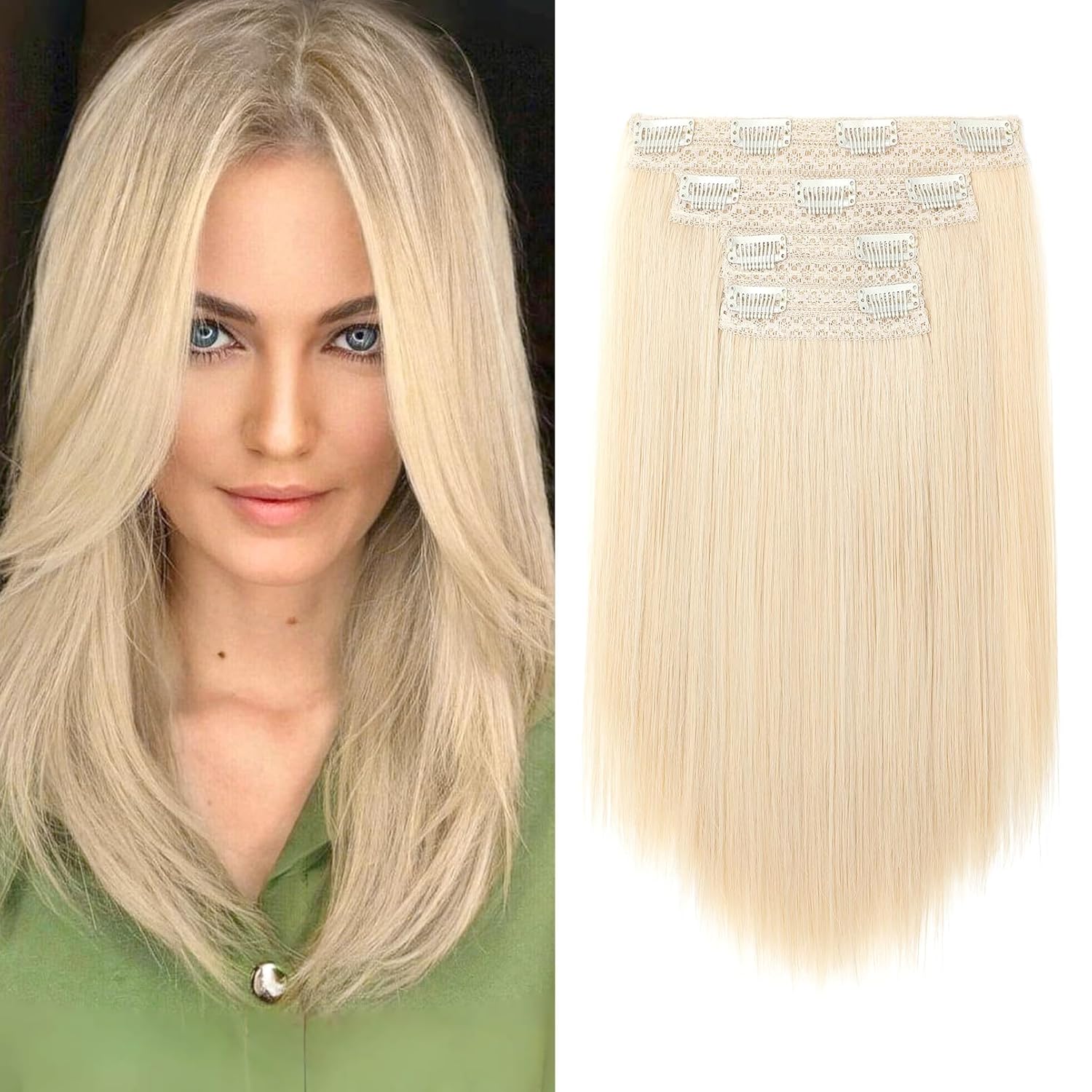 Hair Extensions, 14″ Short Clip in Hair Extensions 4PCS Straight Blonde Hair Extensions Natural Soft Synthetic Hairpiece for Women – Light Blonde