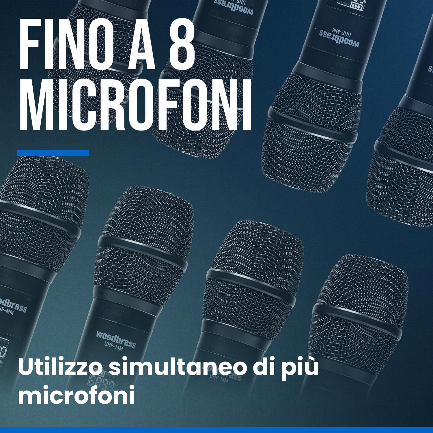 WOODBRASS Microfono senza fili sistema 2 x micro UHF multi frequenza, portatile microfono a mano per karaoke, professionisti, dj, animazione, matrimonio, conferenza (UHF-2M-MULTI)