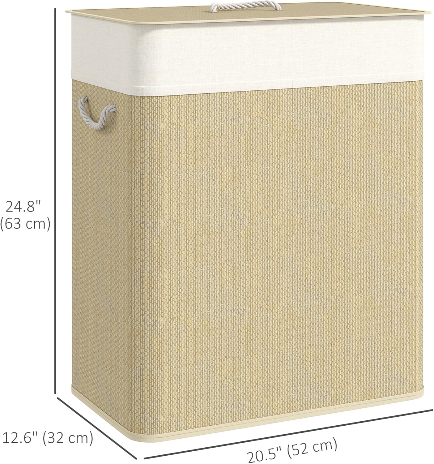 Diagram showing the dimensions of the laundry basket: 20.5 inches length, 12.6 inches width, and 24.8 inches height.