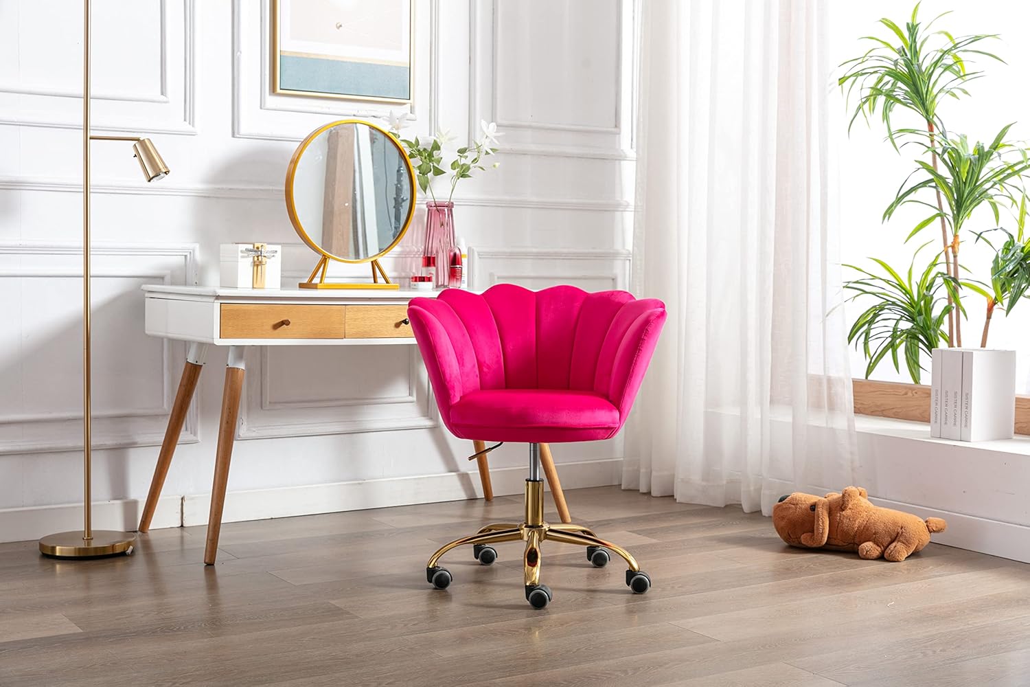 ZOBIDO Comfy Home Office Task Chair with Wheels, Cute Modern Upholstered Velvet Seashell Back Adjustable Swivel Vanity Desk Chair, for Women, for Girls,Living Room (Rose red)