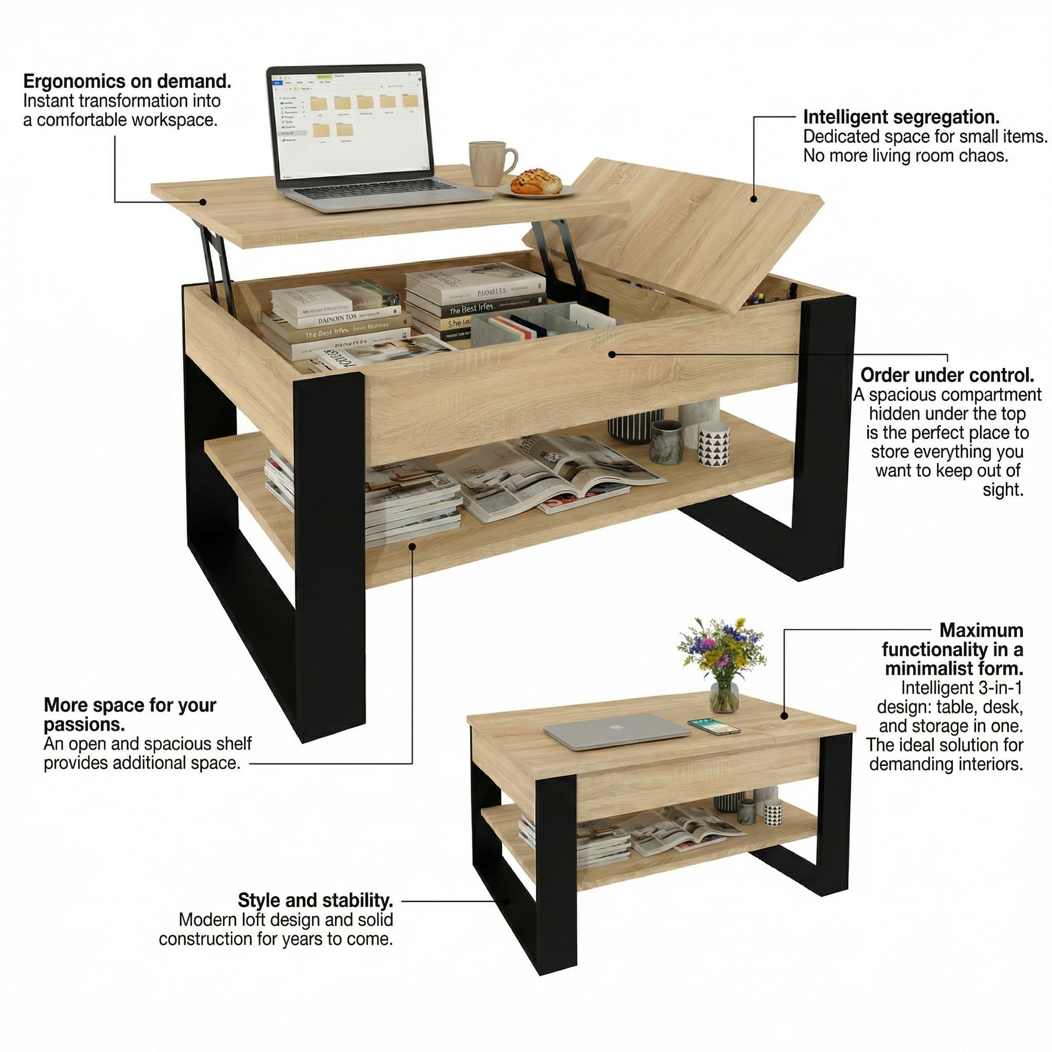Mesa de Centro elevable | Mesa de salón con almacenaje | Roble Sonoma/Negro | con función Lift