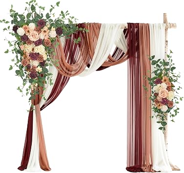 Wedding Arch Flowers with Drapes Kit Pack of 5 - 2pcs Artificial Sunset Terracotta & Burgundy Deluxe Swag with 3pcs Sheer Drapes for Wedding Ceremony Arbor Reception Backdrop Decoration