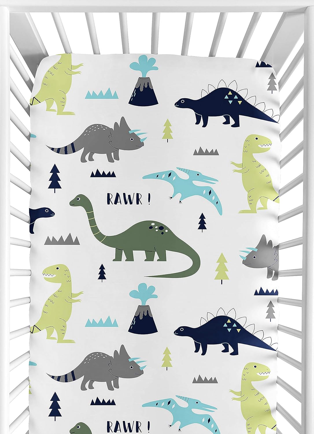 Sweet Jojo Designs Watercolor Dinosaur Dino Boy Baby Fitted Crib Sheet Set Infant Newborn Nursery Toddler Bed Room Standard Mattress 2p Blue Tracks Footprint Green Modern Dinosaurs Animal Nature