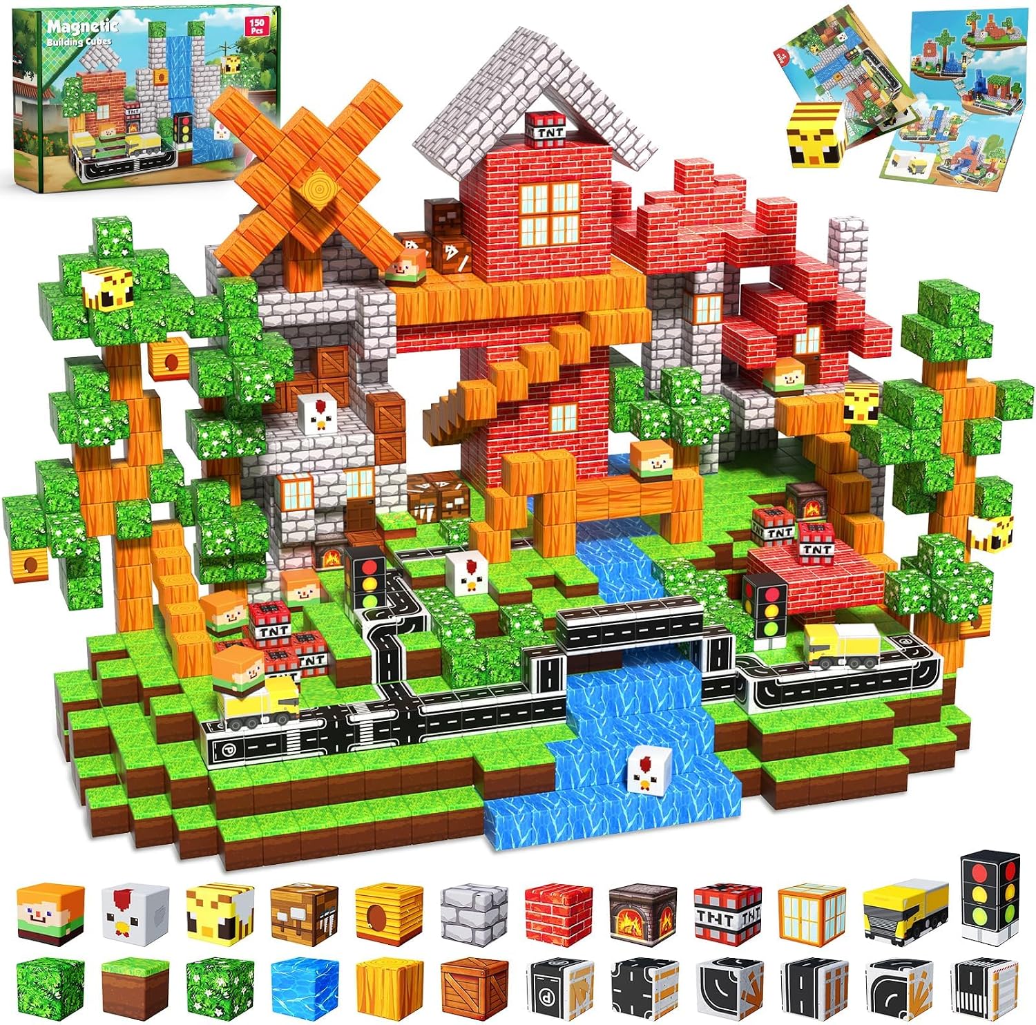 Annexfun Magnetic Blocks - 150PCS Magnetic Building Blocks Road Forest Cubes Toys for Montessori Toddler Birthday Gifts -STEM Sensory Construction Toys for Kids Ages 3+ for Boy & Girl