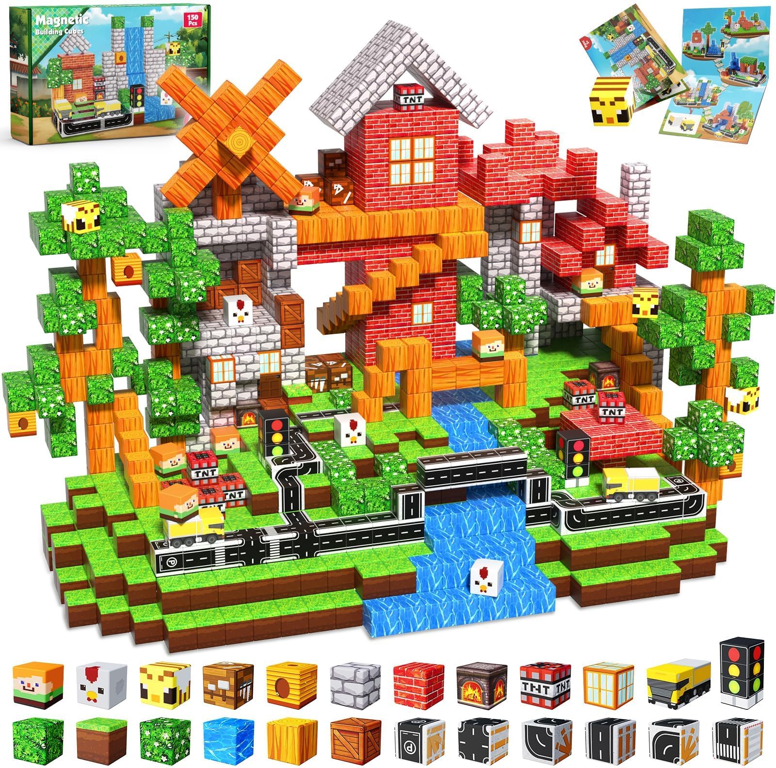 Annexfun Magnetic Blocks - 150PCS Magnetic Building Blocks Road Forest Cubes Toys for Montessori Toddler Birthday Gifts -STEM Sensory Construction Toys for Kids Ages 3+ for Boy & Girl