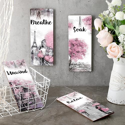 Miniatura 3 de 4 piezas de decoración de pared de madera rosa y gris para baño rosa relájate y descansa respira flores letrero de amor de París torres Eiffel arte