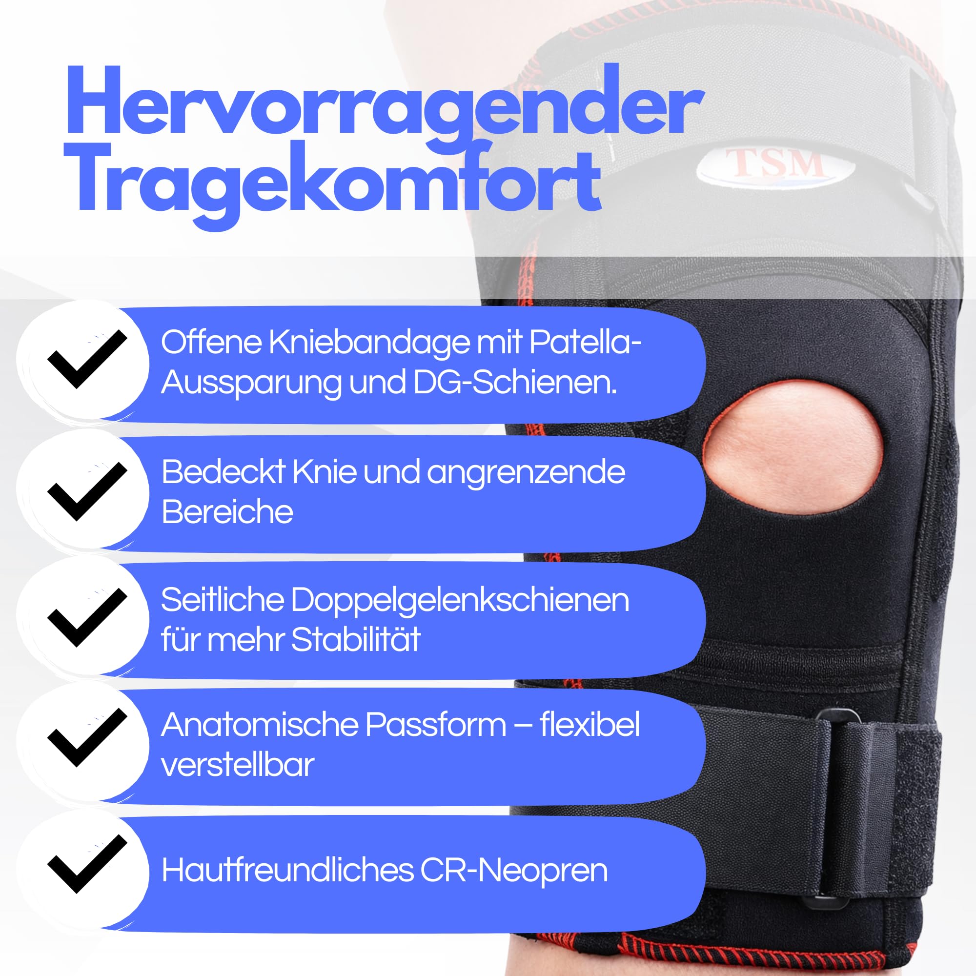 TSM Kniebandage aktiv offen Patella-Aussparung & DG-Schiene POM | Kniebandage Gelenkstabilisierung | Unterstützung Arthrose, Instabilität & Schmerzen | Prophylaxe & Rehabilitation | Artikelnr 5209 | S