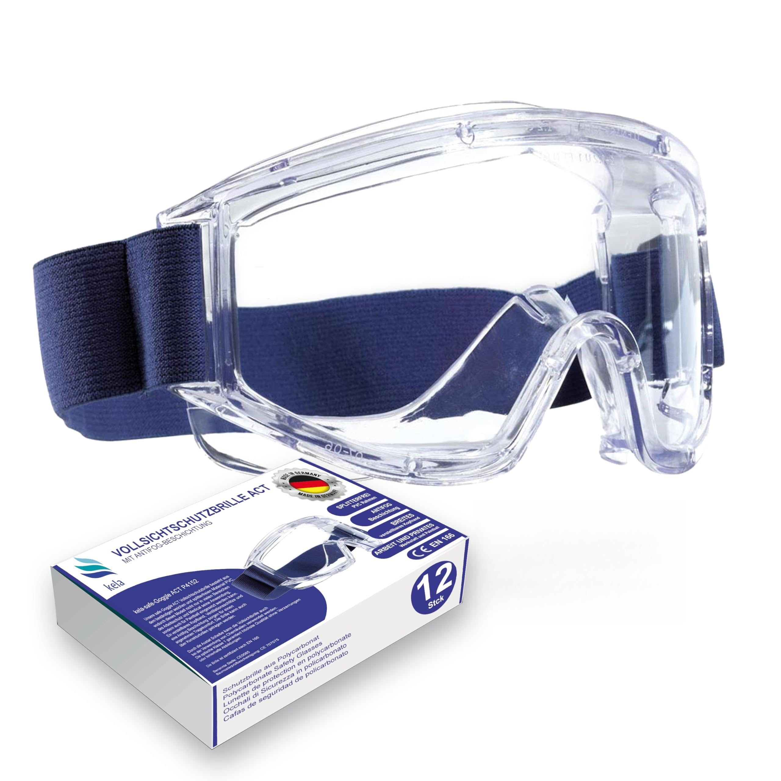 kela 12 gafas de protección completa ACT I 100% fabricadas en Alemania | revestimiento de ventilación antivaho | disco de acetato contra productos químicos I banda ancha | obras, laboratorio, taller