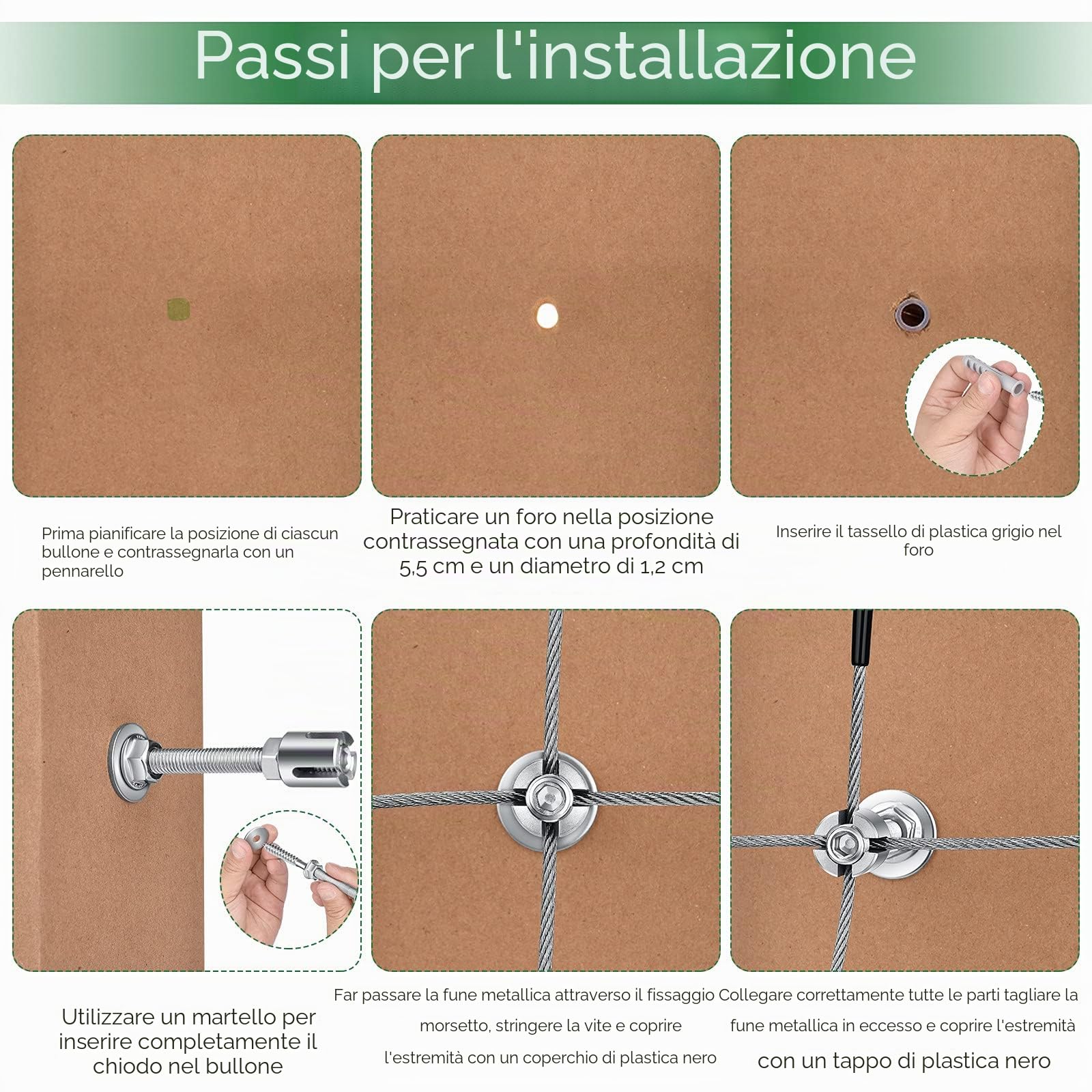 Supporto per piante rampicanti 24 m, kit completo in acciaio inossidabile T316 con 16 supporti da parete e corda da 3 mm
